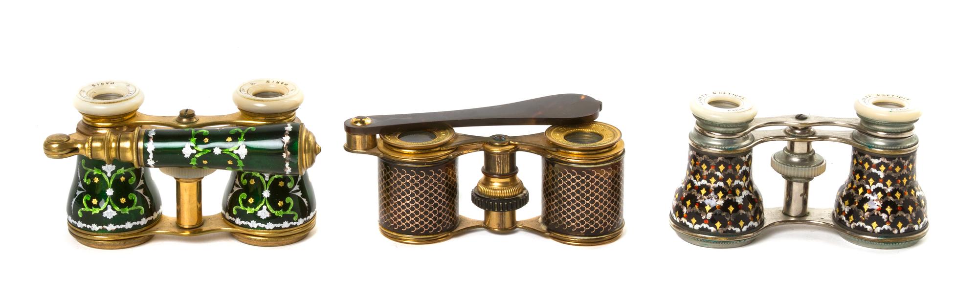 Three Pairs of French Enameled Opera Glasses, Width of first 3 7/8 inches.