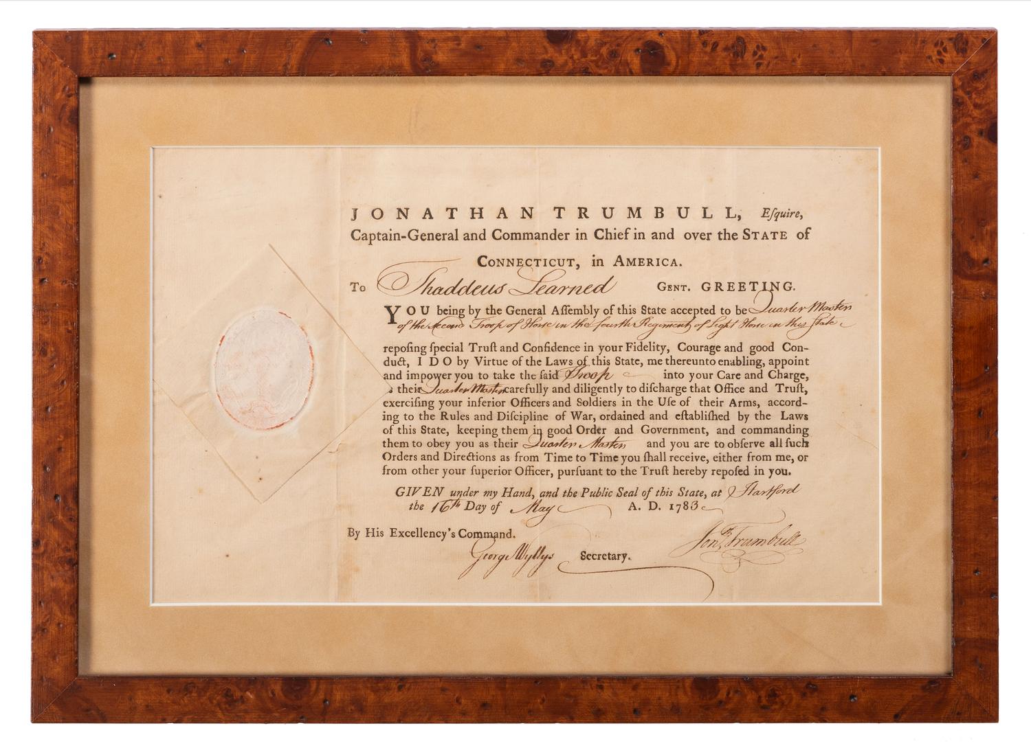 [REVOLUTIONARY WAR]. TRUMBULL, Jonathan (1710-1785). Signed military appointment.