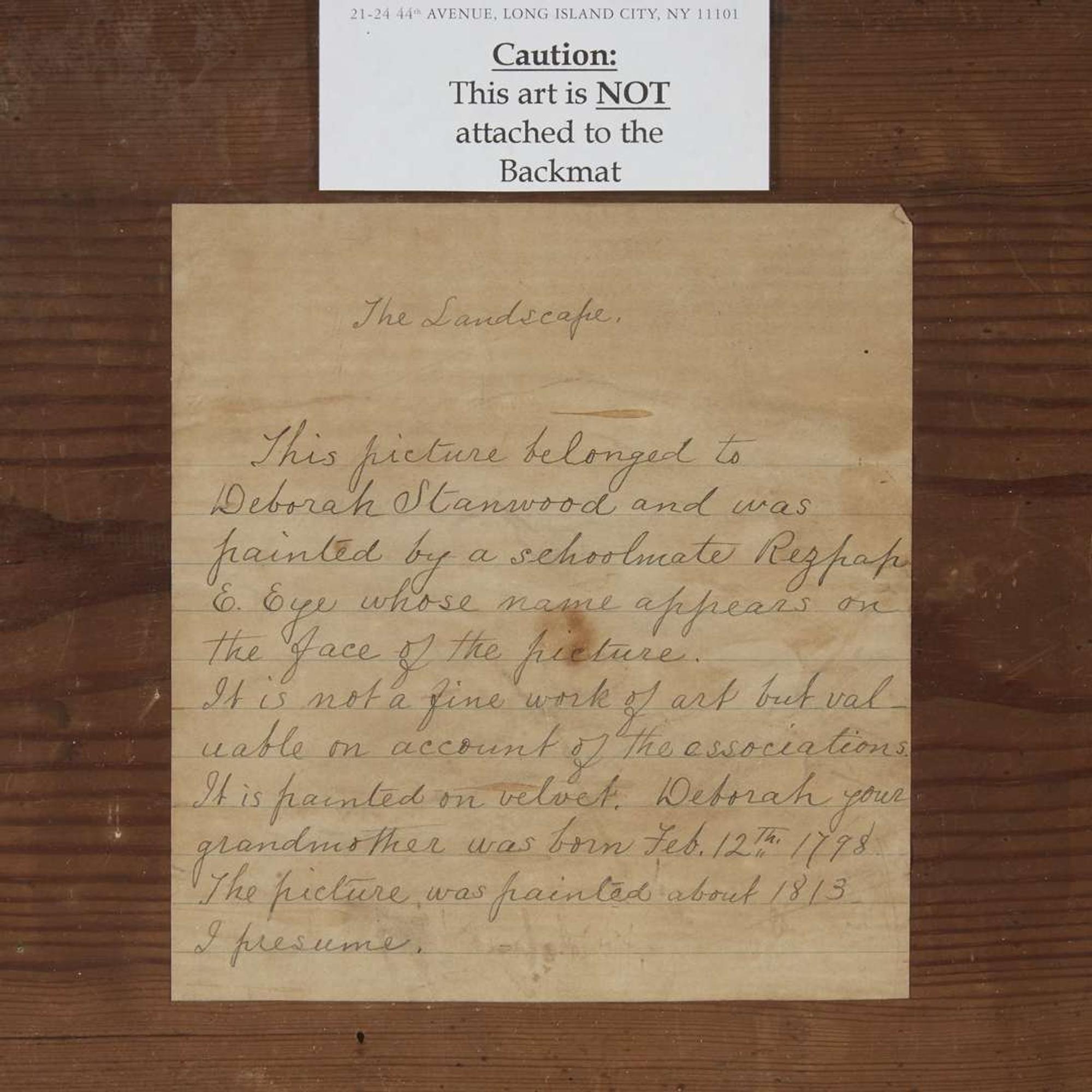 American School 19th century Theorem: landscape, Rezpah E. Eye, Portland, ME, circa 1820