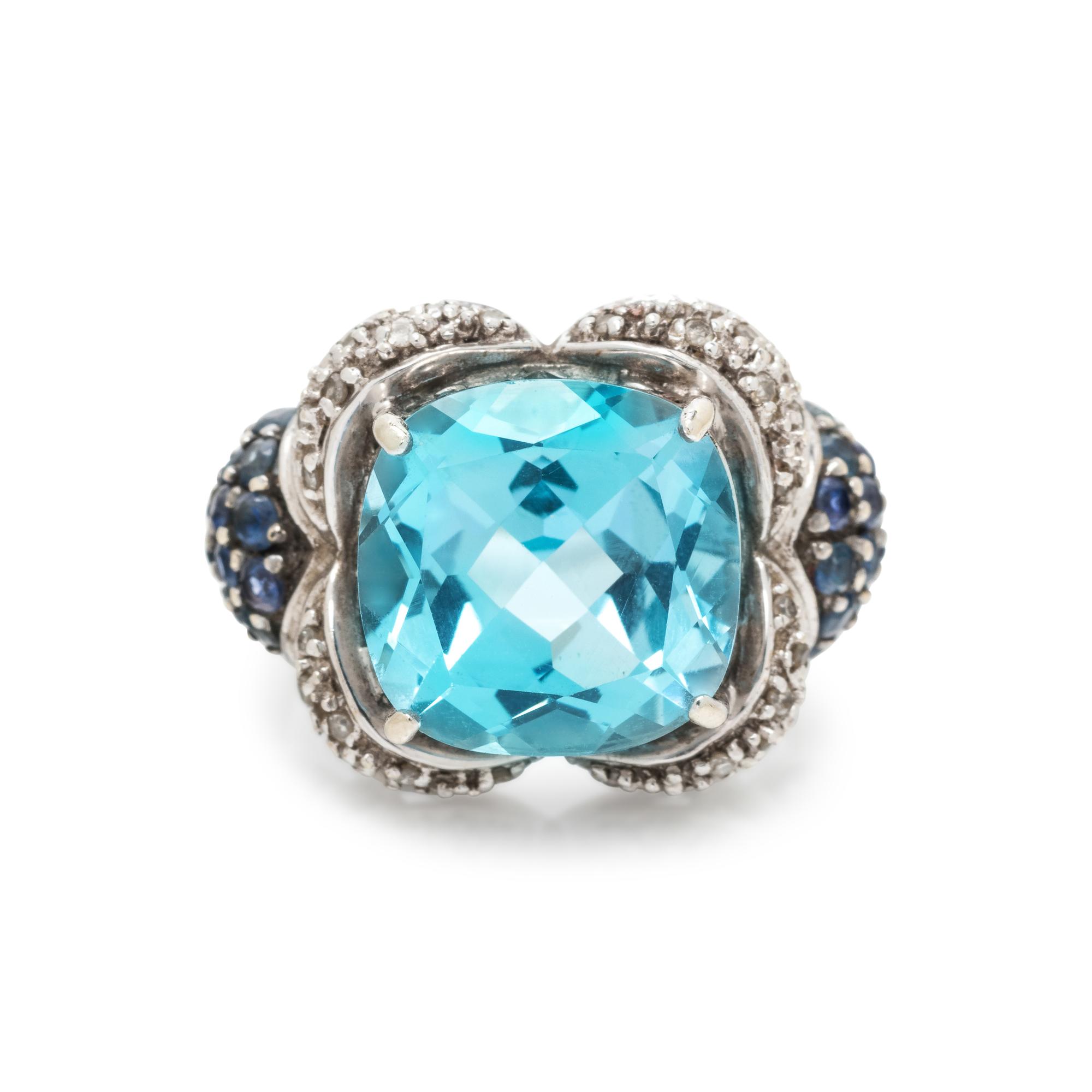 BLUE TOPAZ, DIAMOND AND SAPPHIRE RING