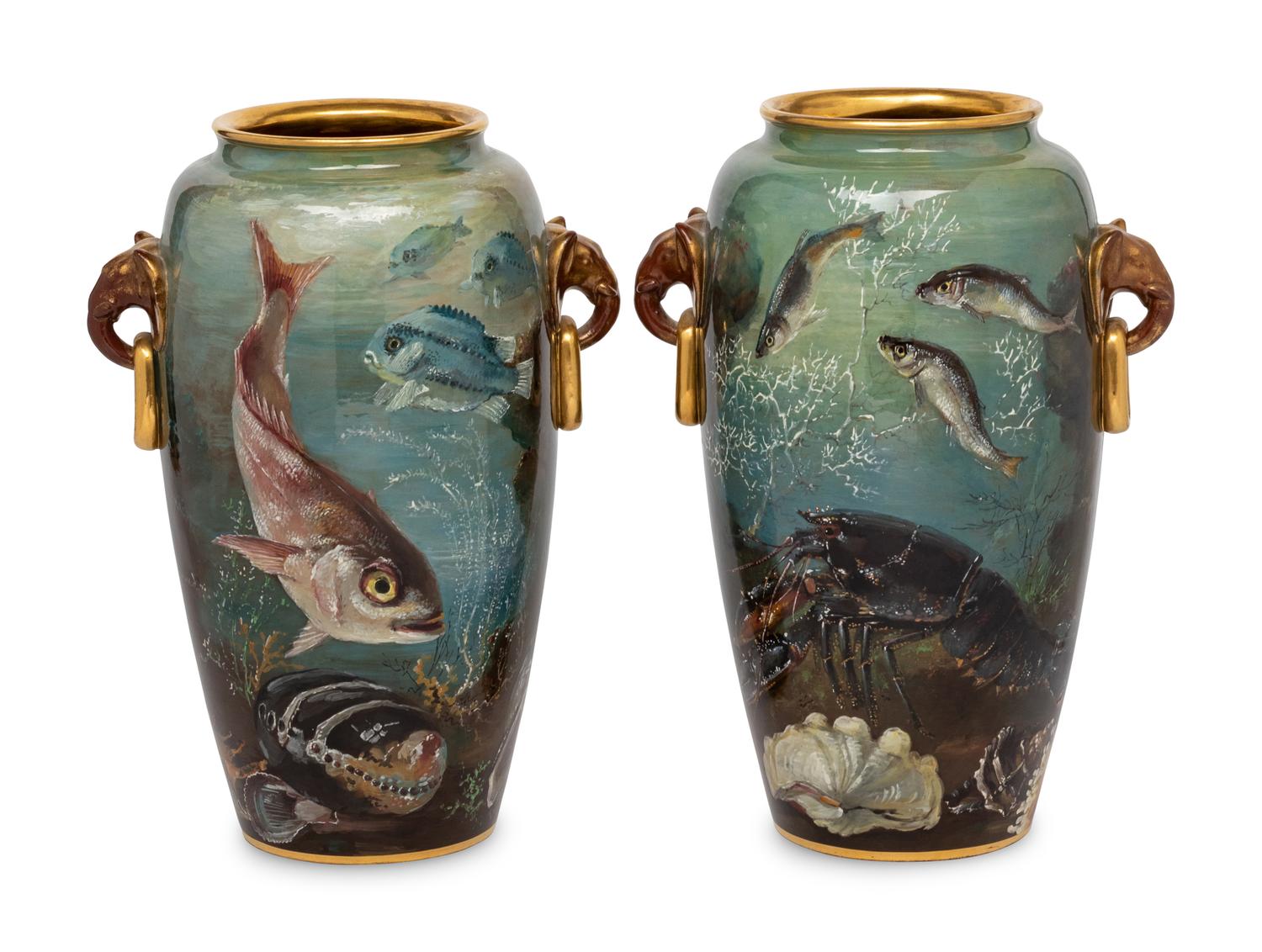 A Pair of Mintons Porcelain Elephant Handle Urns