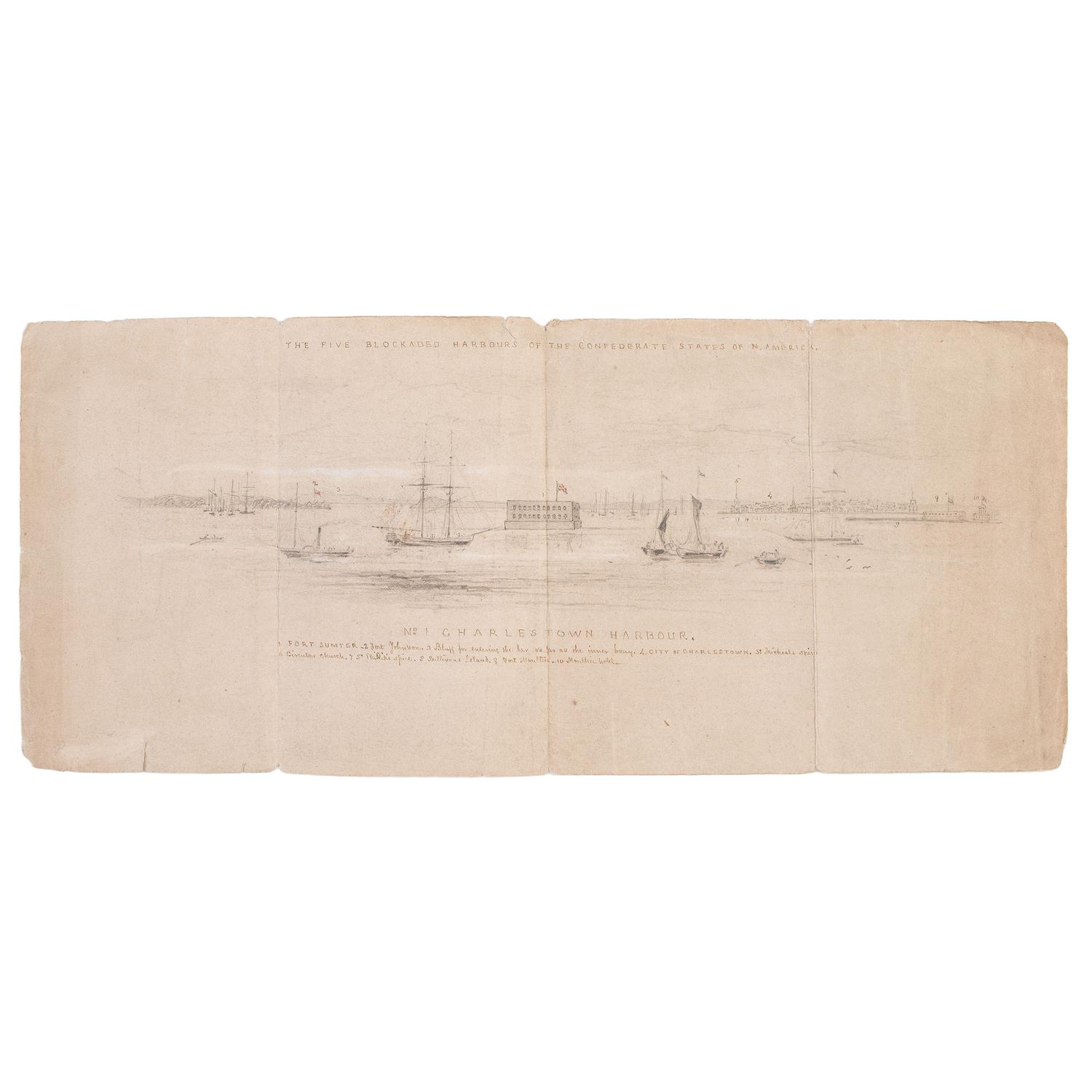 [Civil War] Hand-Drawn Sketch of Blockaded Charleston Harbor, with Inscribed Key.