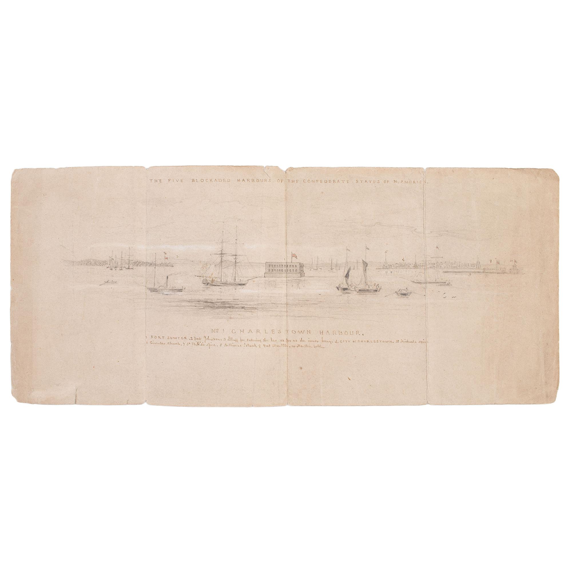 [Civil War] Hand-Drawn Sketch of Blockaded Charleston Harbor, with Inscribed Key.