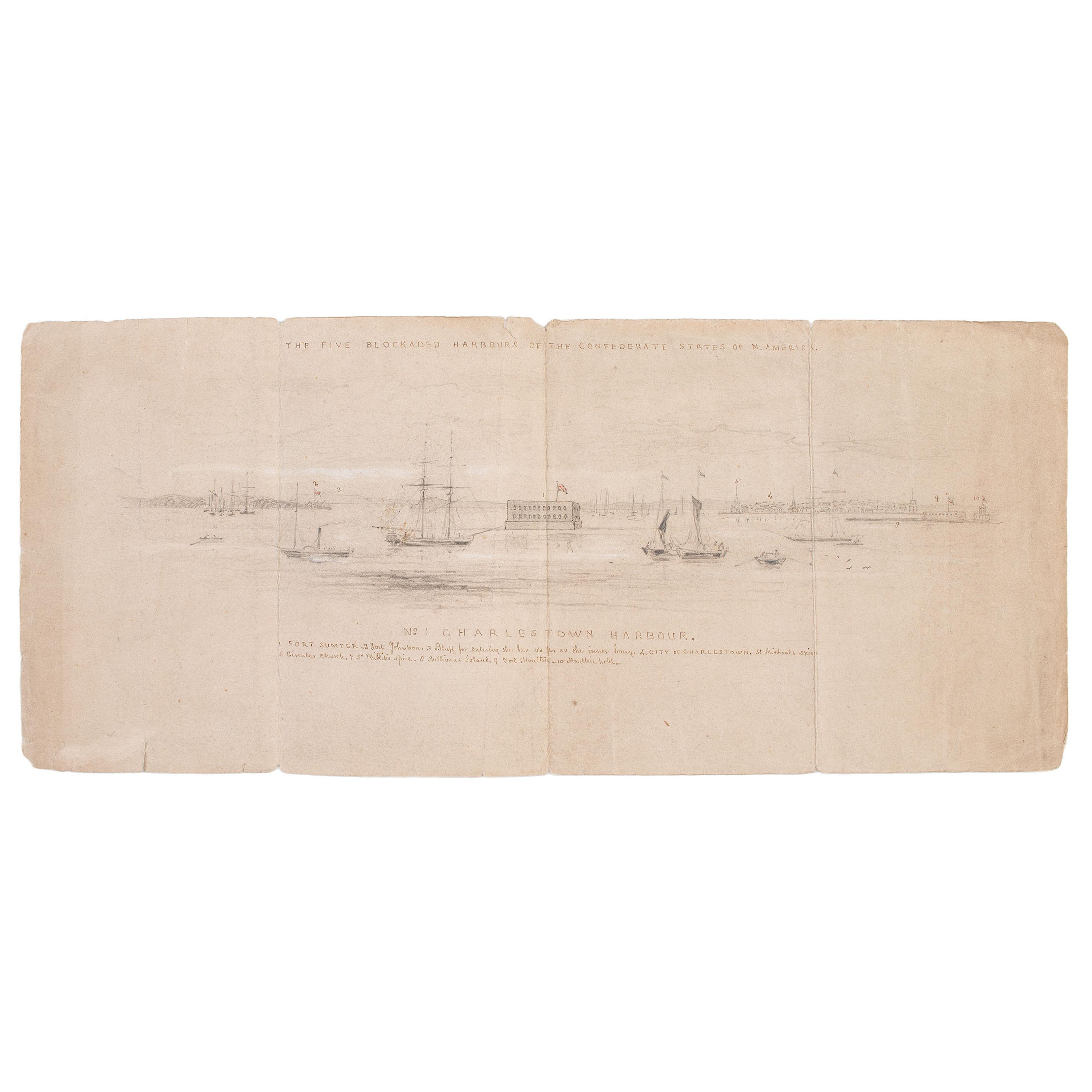 [Civil War] Hand-Drawn Sketch of Blockaded Charleston Harbor, with Inscribed Key.