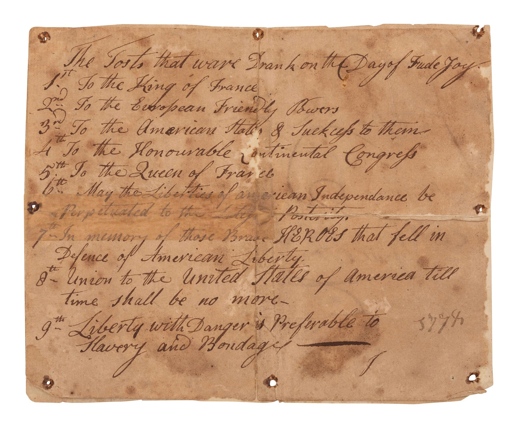 [REVOLUTIONARY WAR]. "The Tosts that ware Drank on the Day of Fude Joy," ca 1778.