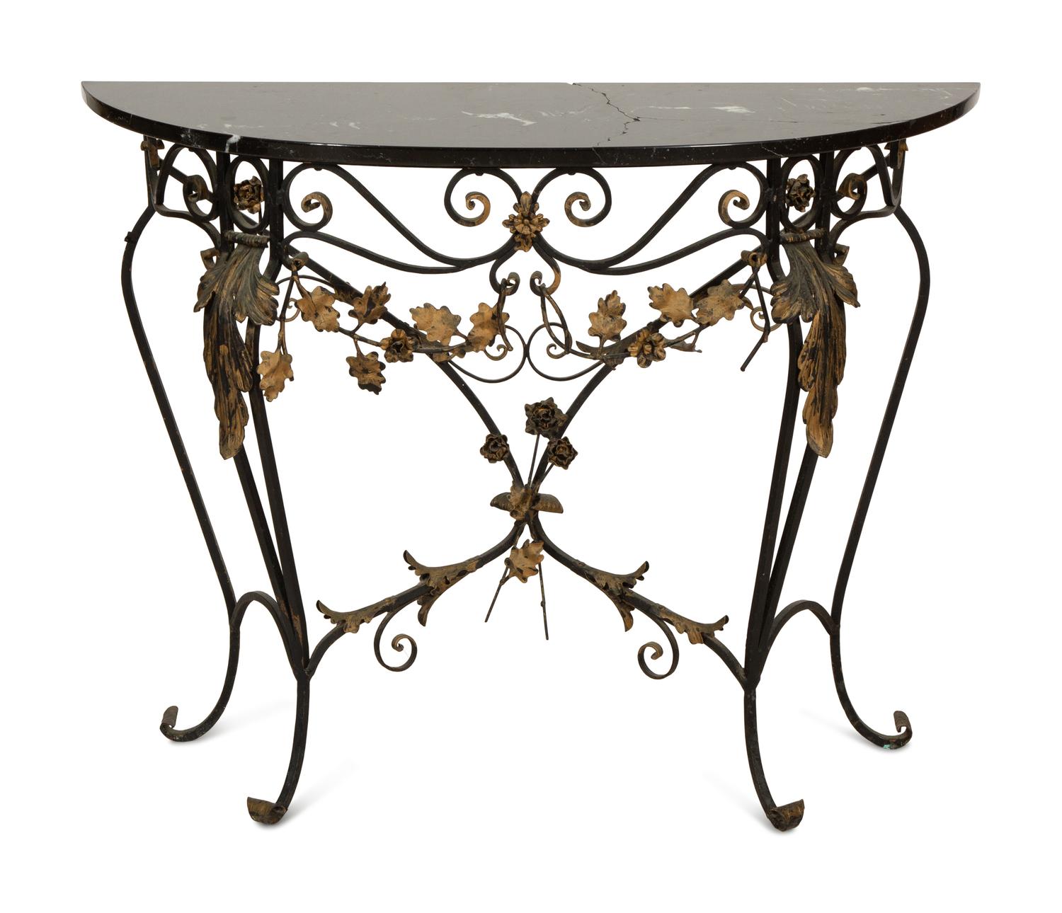A Parcel Gilt Wrought Iron Marble-Top Console Table