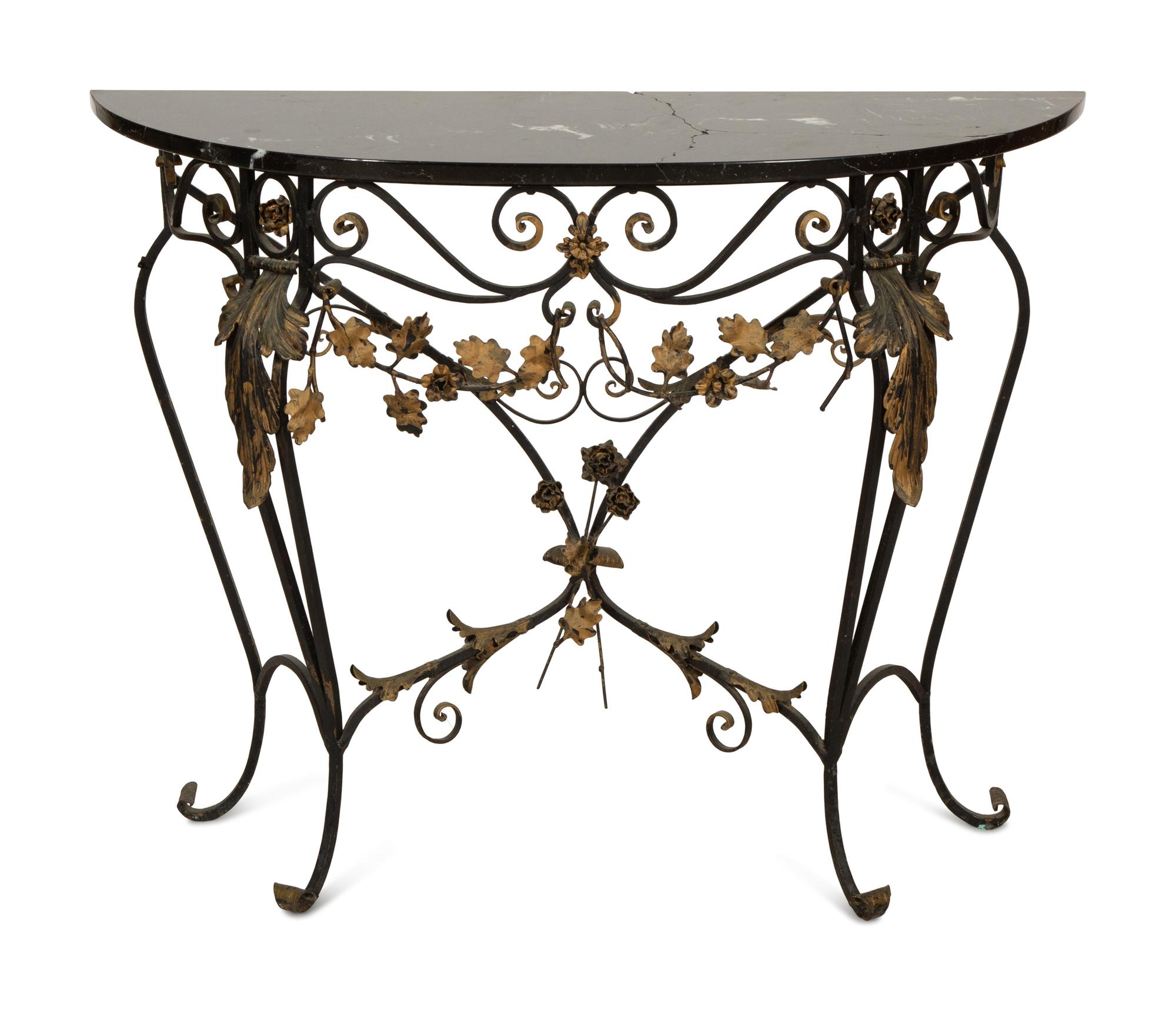 A Parcel Gilt Wrought Iron Marble-Top Console Table