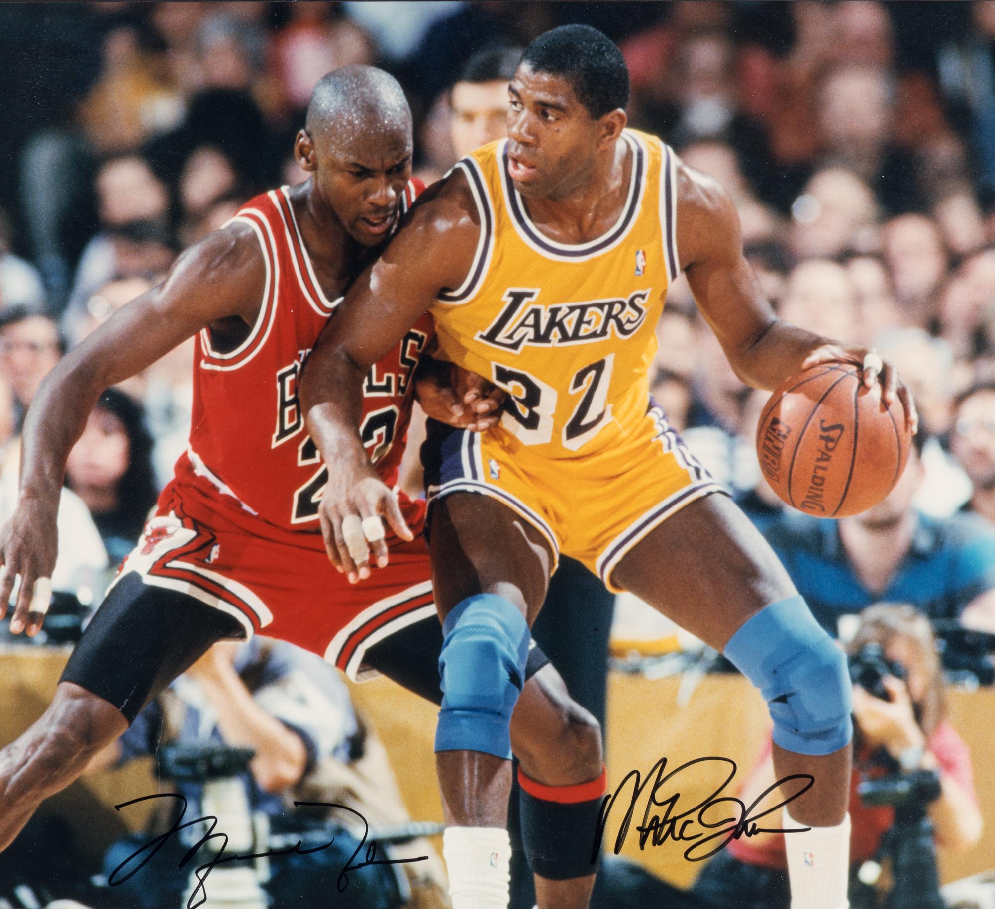 A Michael Jordan and Magic Johnson Signed Autograph Oversized Limited Edition Photograph (Beckett Authentication Services Letter, Upper Deck Hologram),