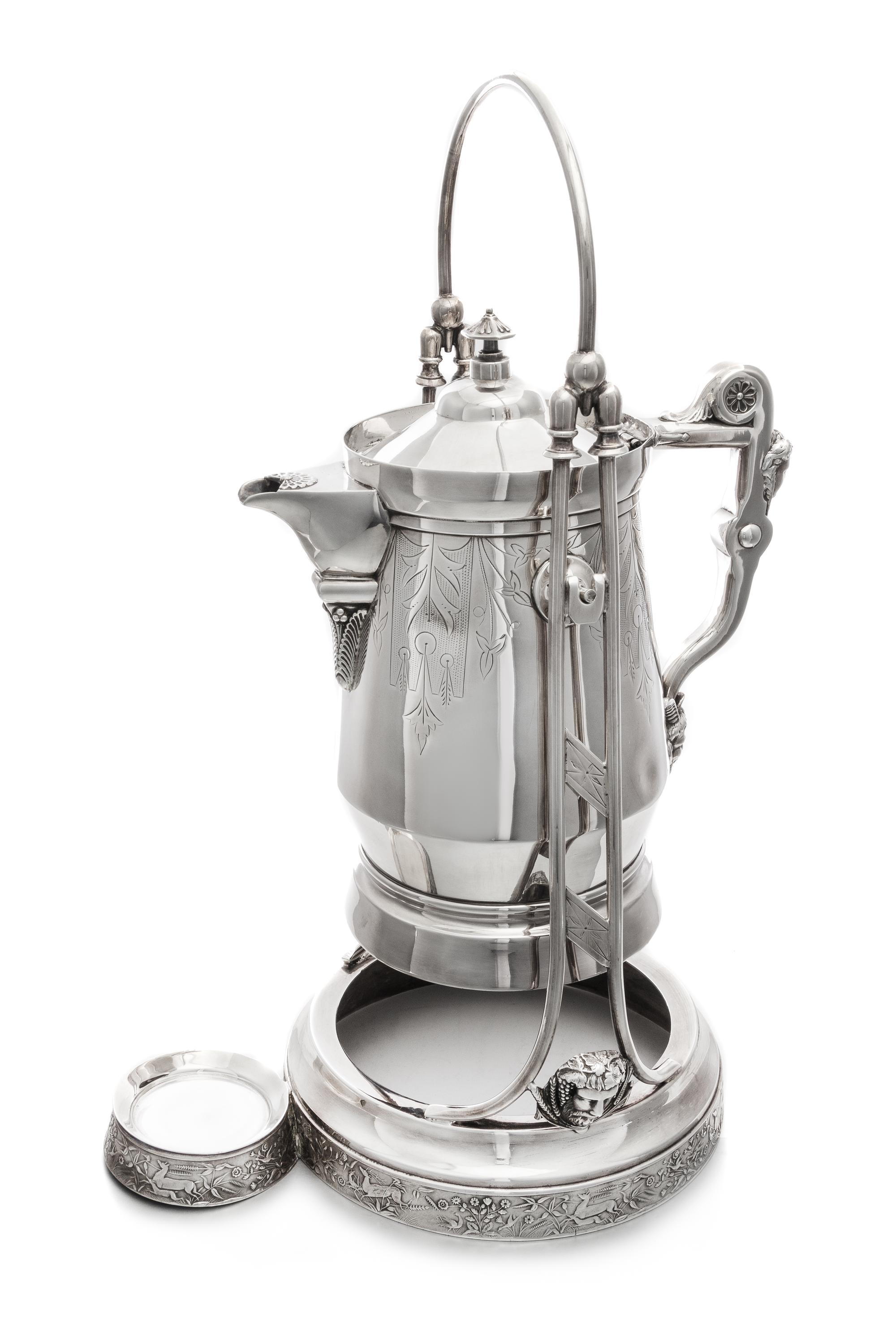 An American Silver-Plate Coffee Pot on Stand, R. Strickland & Co., Albany, NY, Second Half 19th Century, the coffee pot having a hinged