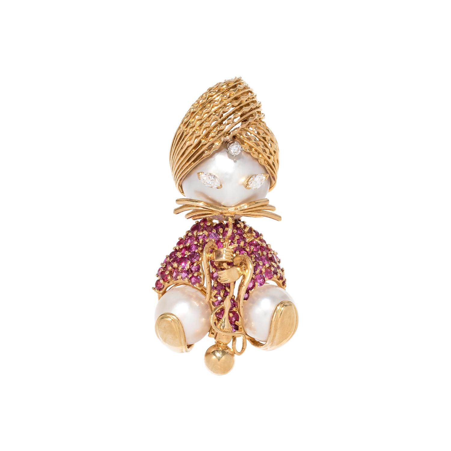 FRENCH, CULTURED MABE PEARL, RUBY AND DIAMOND SULTAN BROOCH
