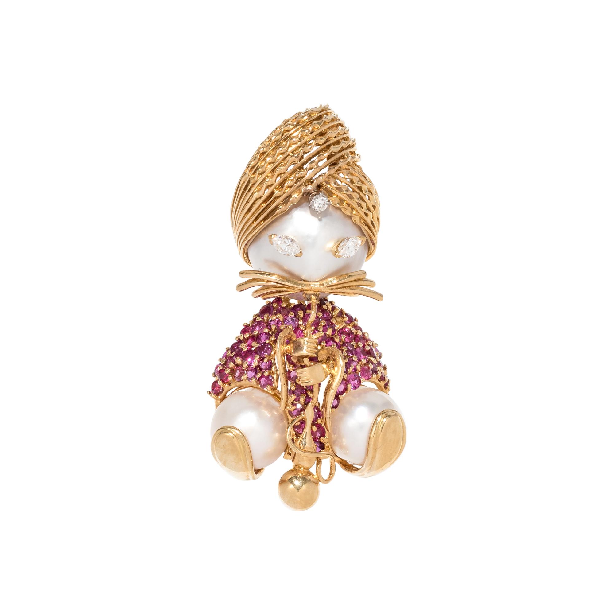 FRENCH, CULTURED MABE PEARL, RUBY AND DIAMOND SULTAN BROOCH