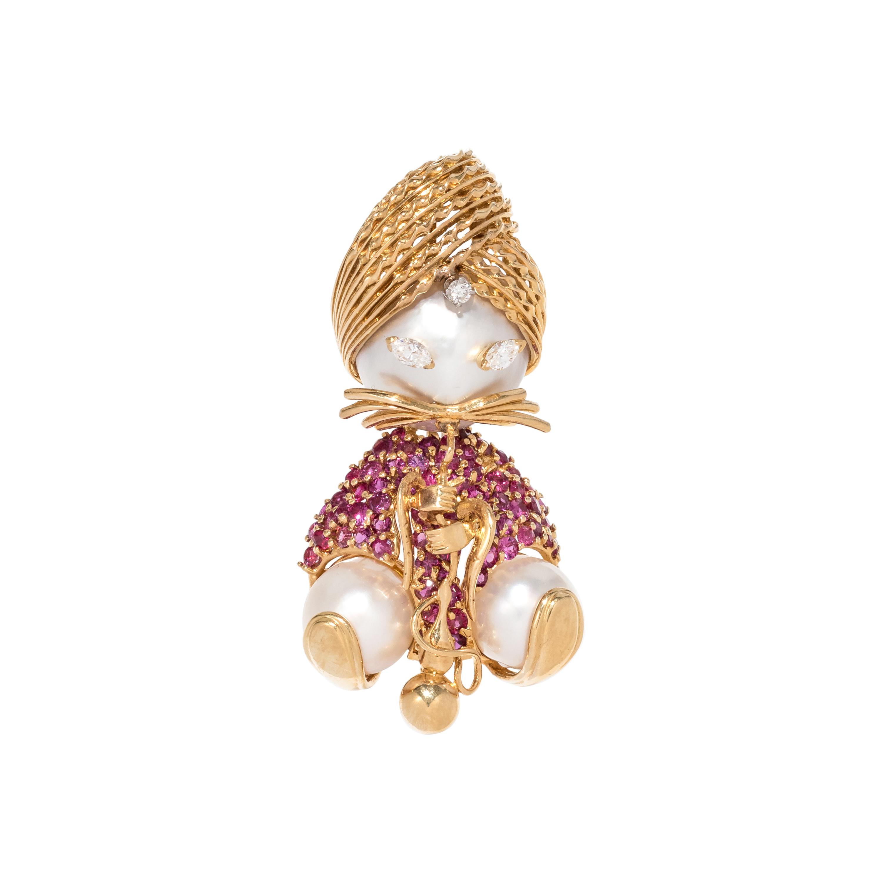 FRENCH, CULTURED MABE PEARL, RUBY AND DIAMOND SULTAN BROOCH