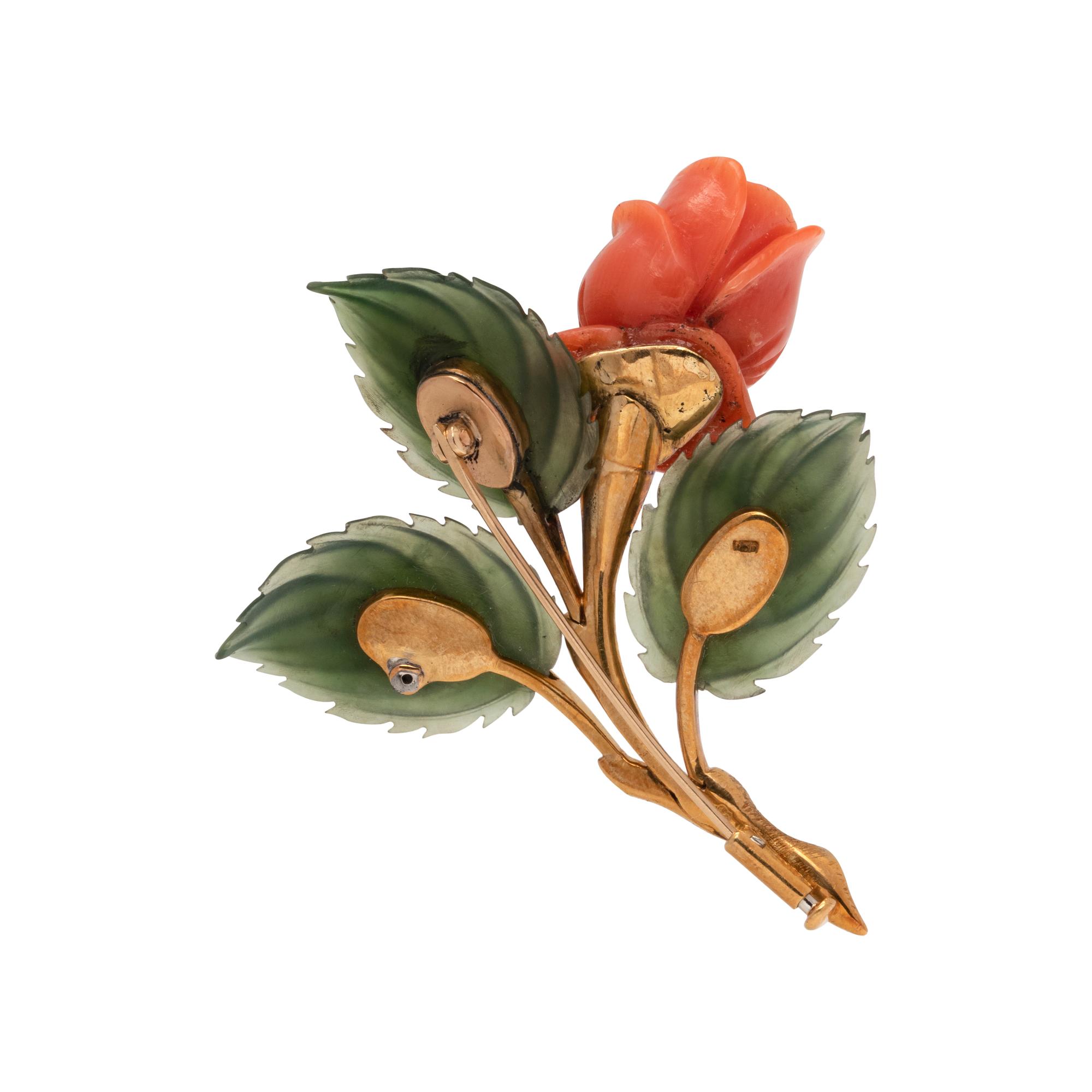 AUSTRIAN, CORAL, GREEN HARDSTONE AND DIAMOND ROSE BROOCH
