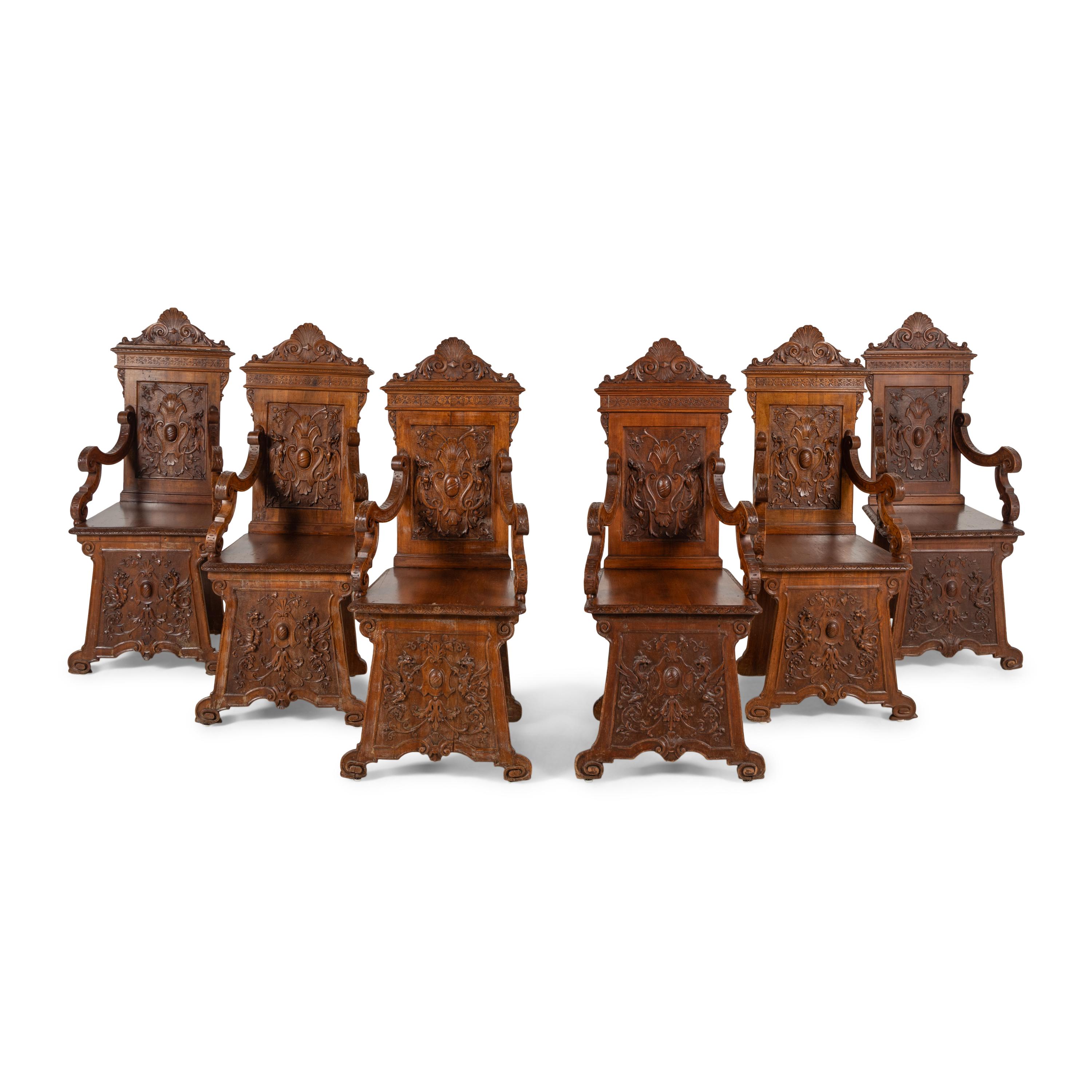 A Set of Six Italian Carved Walnut Armchairs