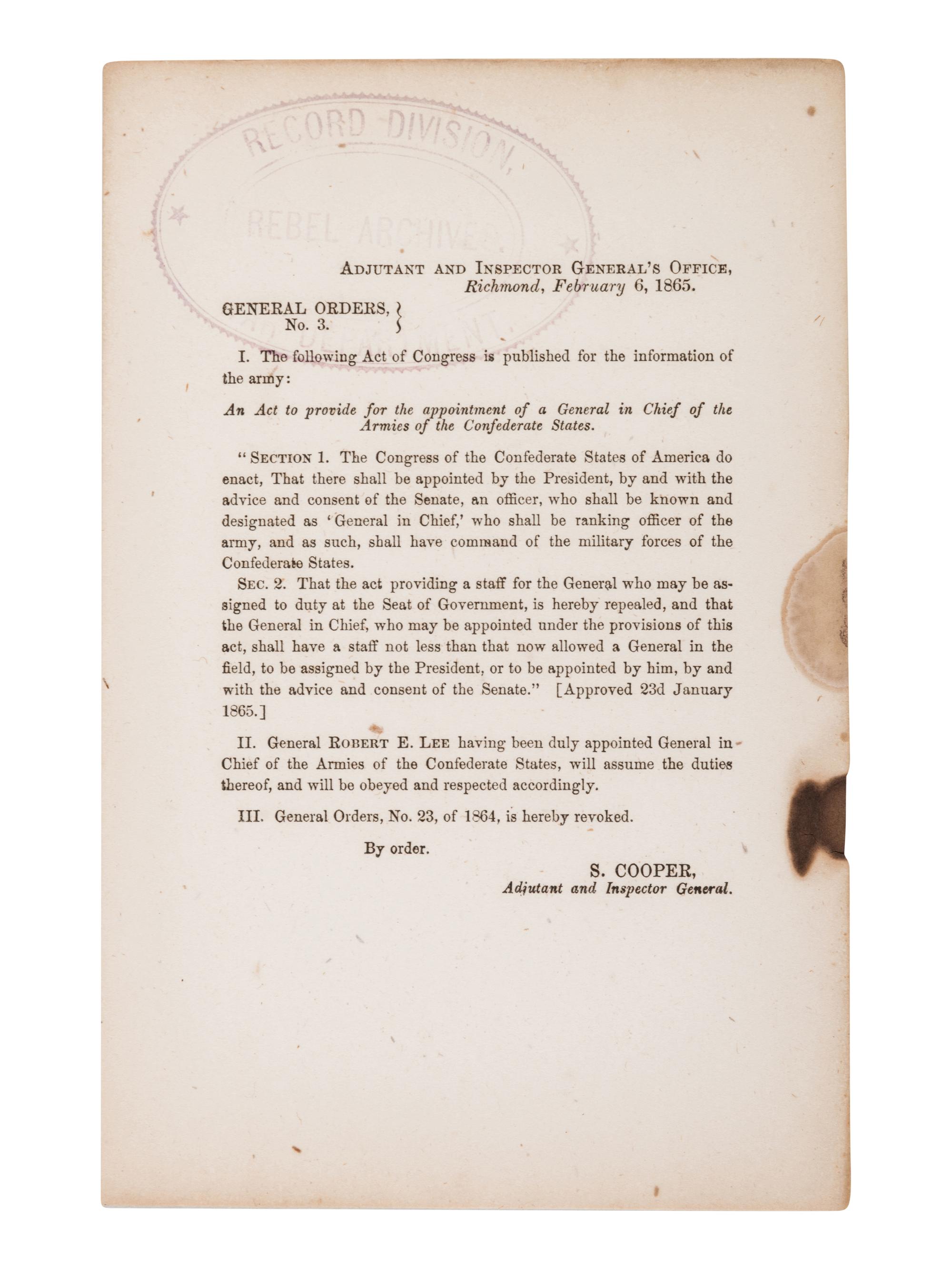 [CIVIL WAR] -- [LEE, Robert E. (1807-1870).]. General Orders No. 3. Richmond: Adjutant and Inspector General's Office, February 6, 1865.