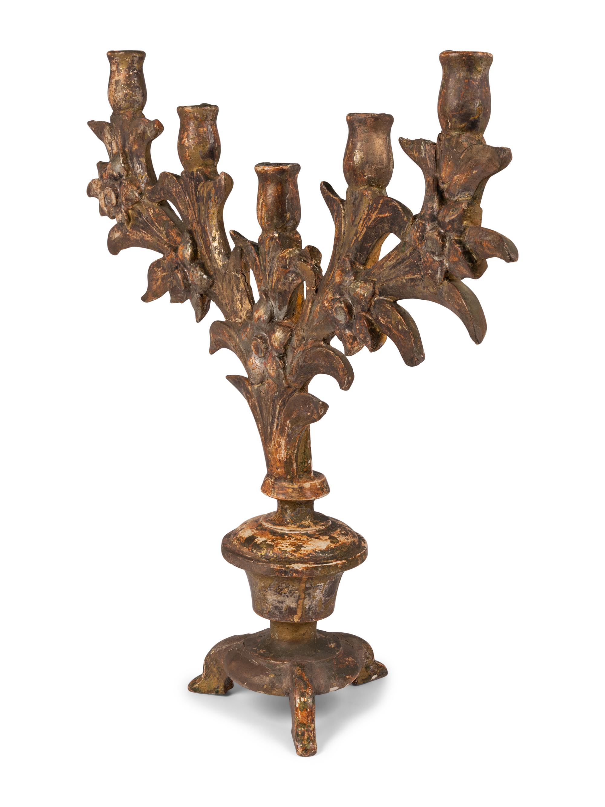 An Italian Painted Wood Five-Light Candelabrum
