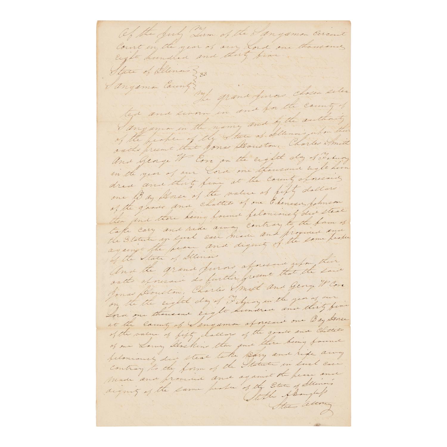 DOUGLAS, Stephen Arnold (1813-1861). A group of 14 documents and letters relating to Douglas's legal and political career, ca 1834-1857, comprising: