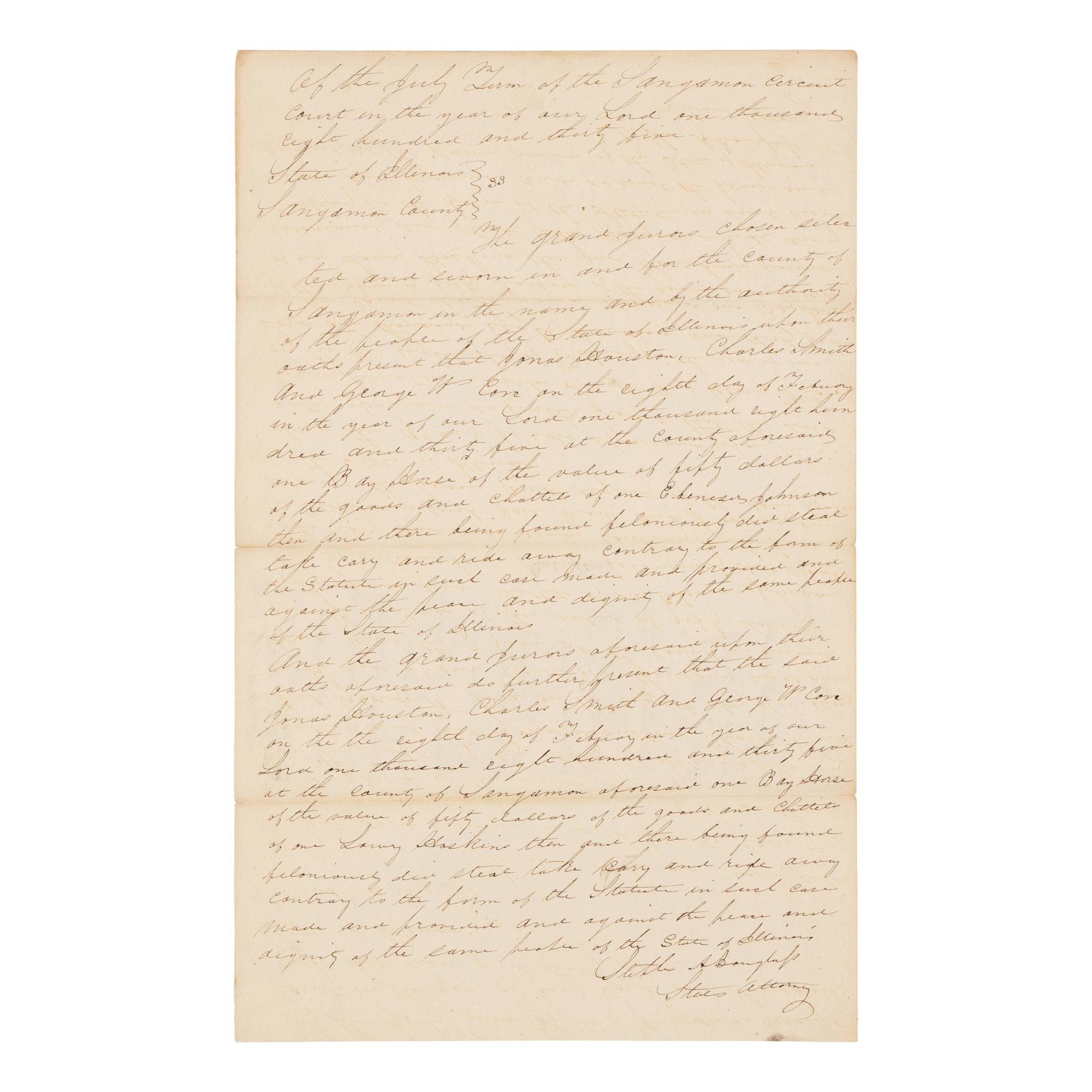 DOUGLAS, Stephen Arnold (1813-1861). A group of 14 documents and letters relating to Douglas's legal and political career, ca 1834-1857, comprising: