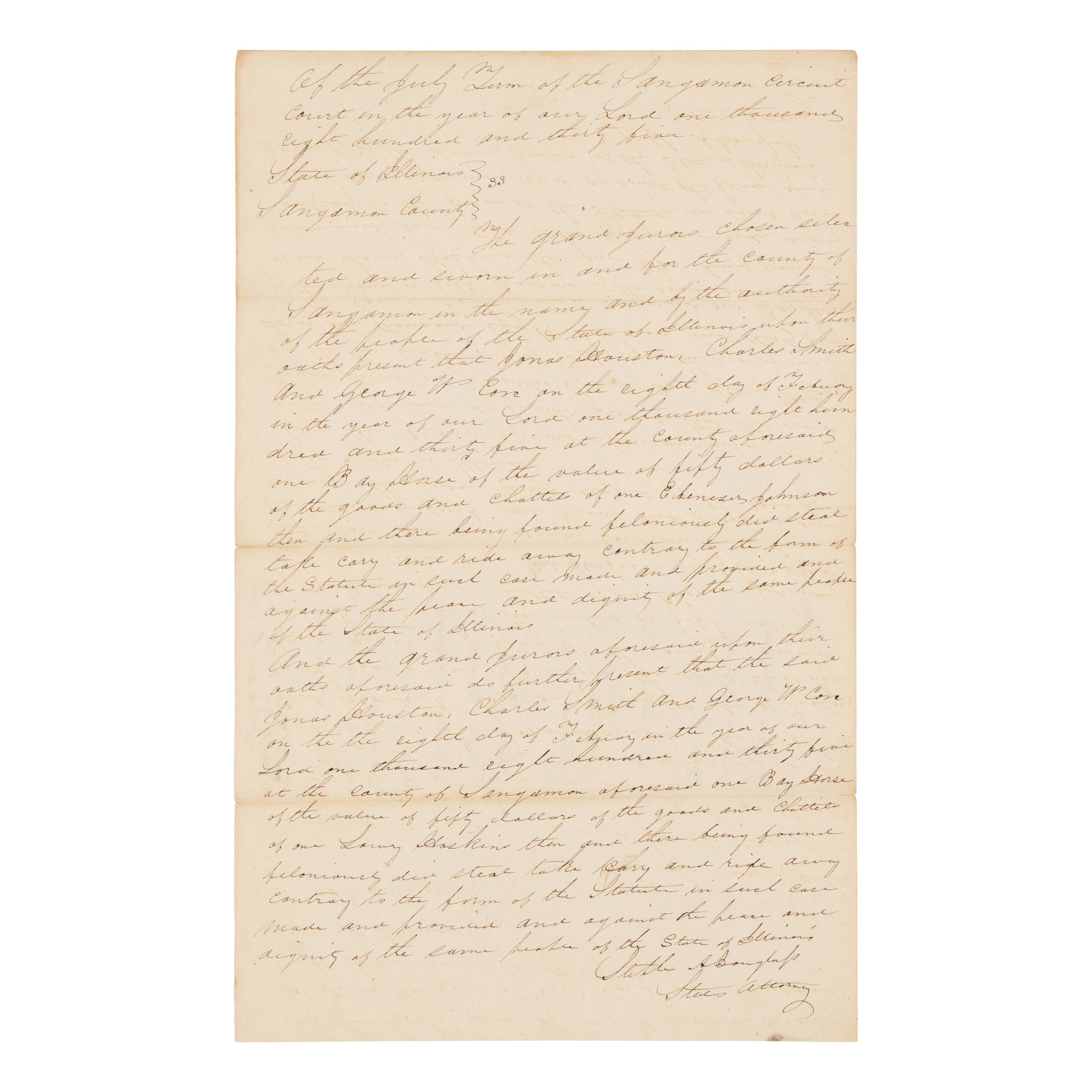 DOUGLAS, Stephen Arnold (1813-1861). A group of 14 documents and letters relating to Douglas's legal and political career, ca 1834-1857, comprising: