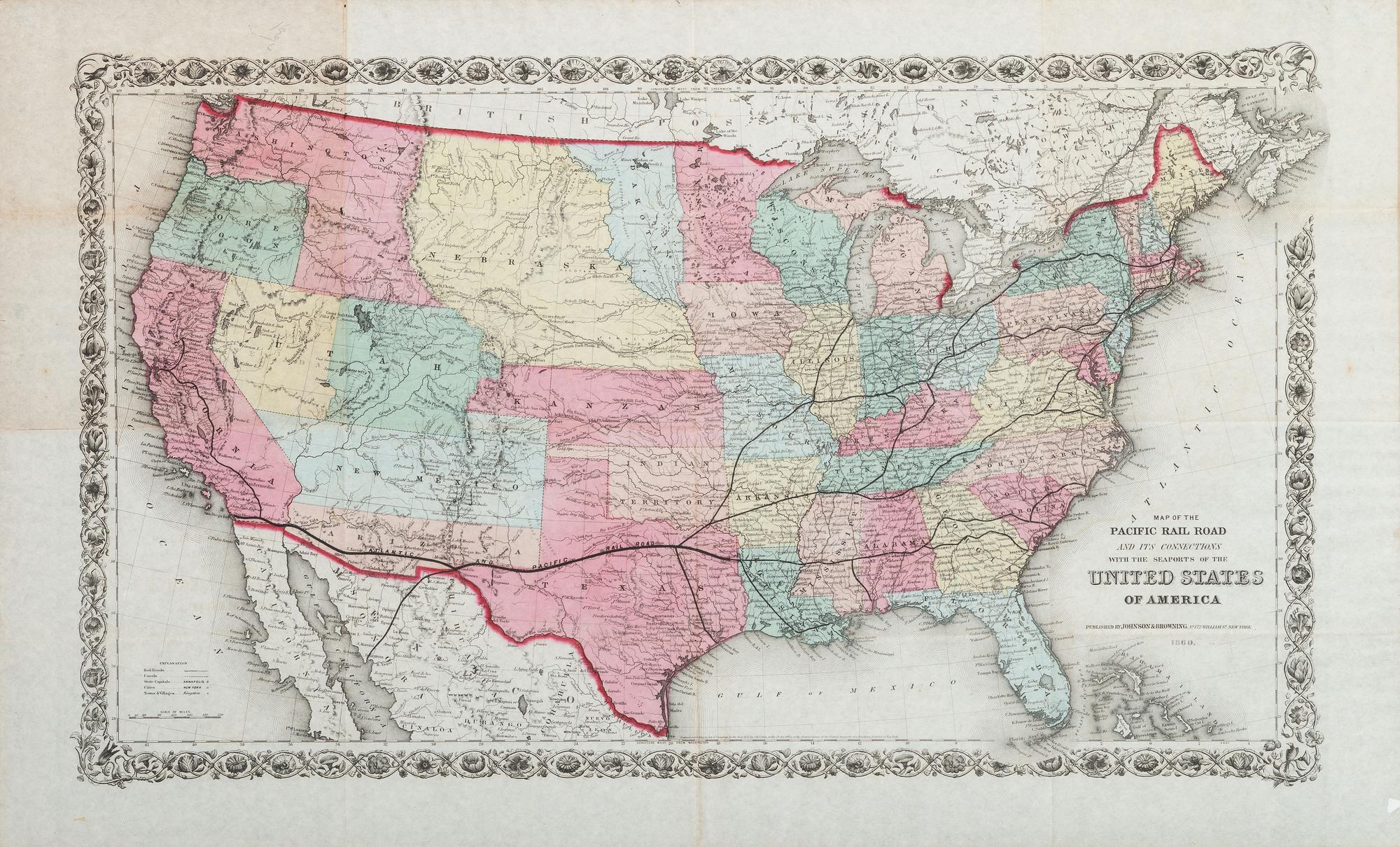 [MAPS]. Map of the Pacific Rail Road and its Connections with the Seaports of the United States of America. New York: Johnson & Browning, 1860.