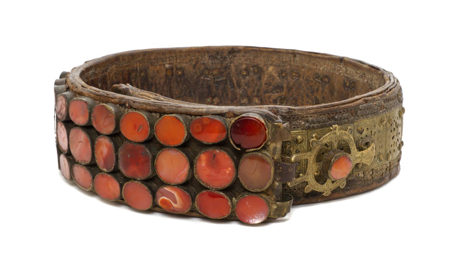 An Agate Inset Metal and Leather Belt, Width 13 3/4 inches (closed).