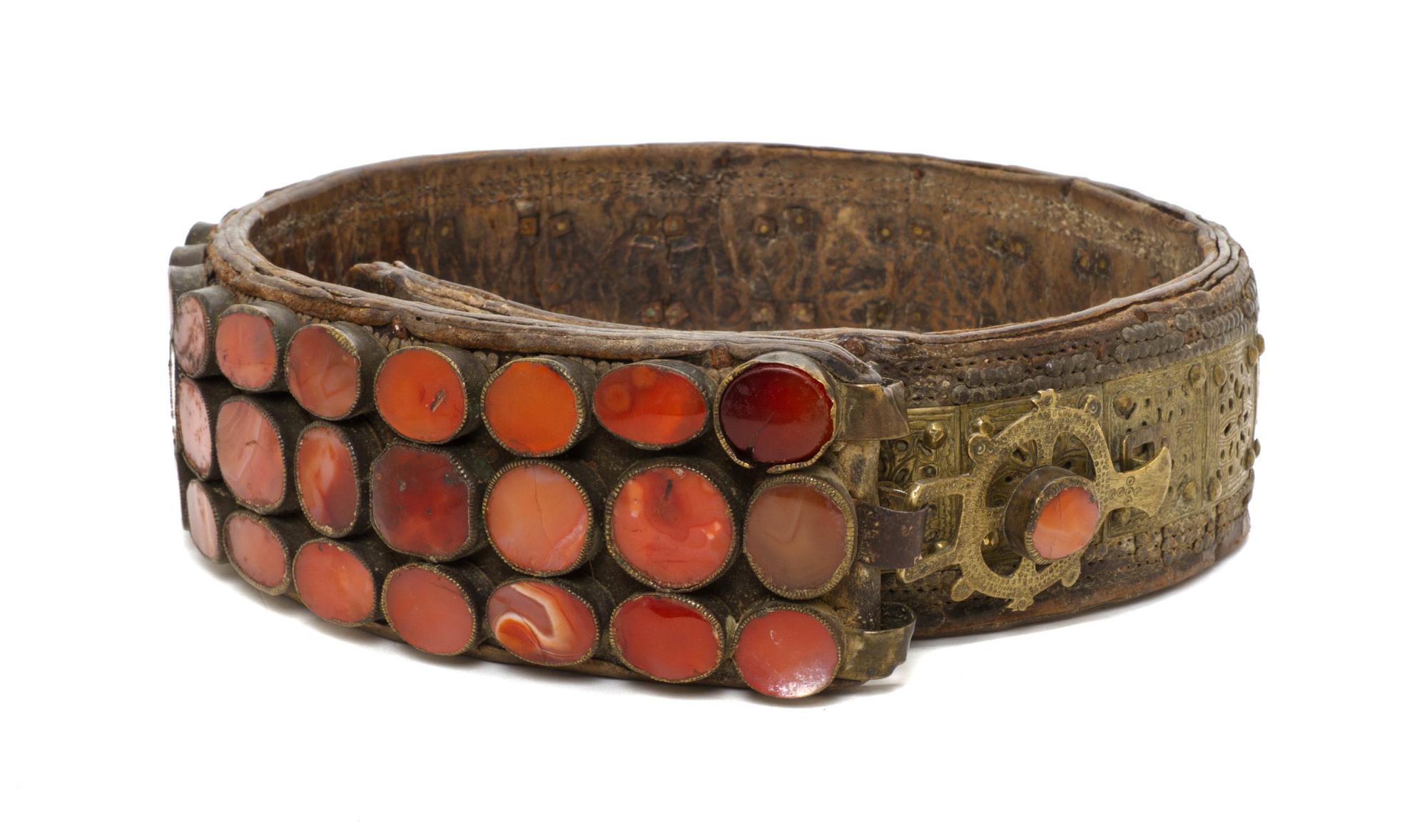 An Agate Inset Metal and Leather Belt, Width 13 3/4 inches (closed).
