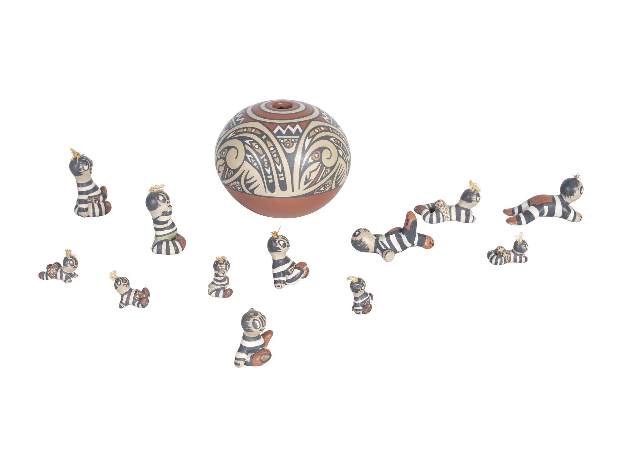 Polychrome Pottery Figures and Seed Jar