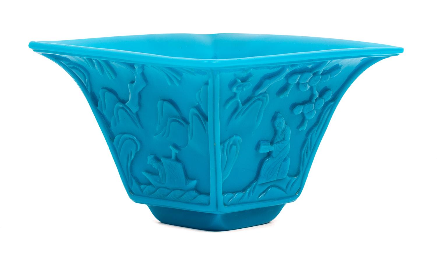 A Turquoise-Blue Peking Glass Square Bowl Height 4 3/8 inches. — 19TH CENTURY