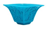 A Turquoise-Blue Peking Glass Square Bowl Height 4 3/8 inches. — 19TH CENTURY