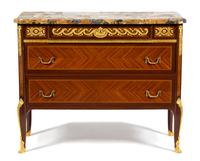 Louis XV/XVI Transitional Style Gilt Bronze Mounted Marquetry Commode Height 36 x width 44 1/4 x depth 17 1/4 inches. — PAUL SORMANI, PARIS, EARLY 20TH CENTURY