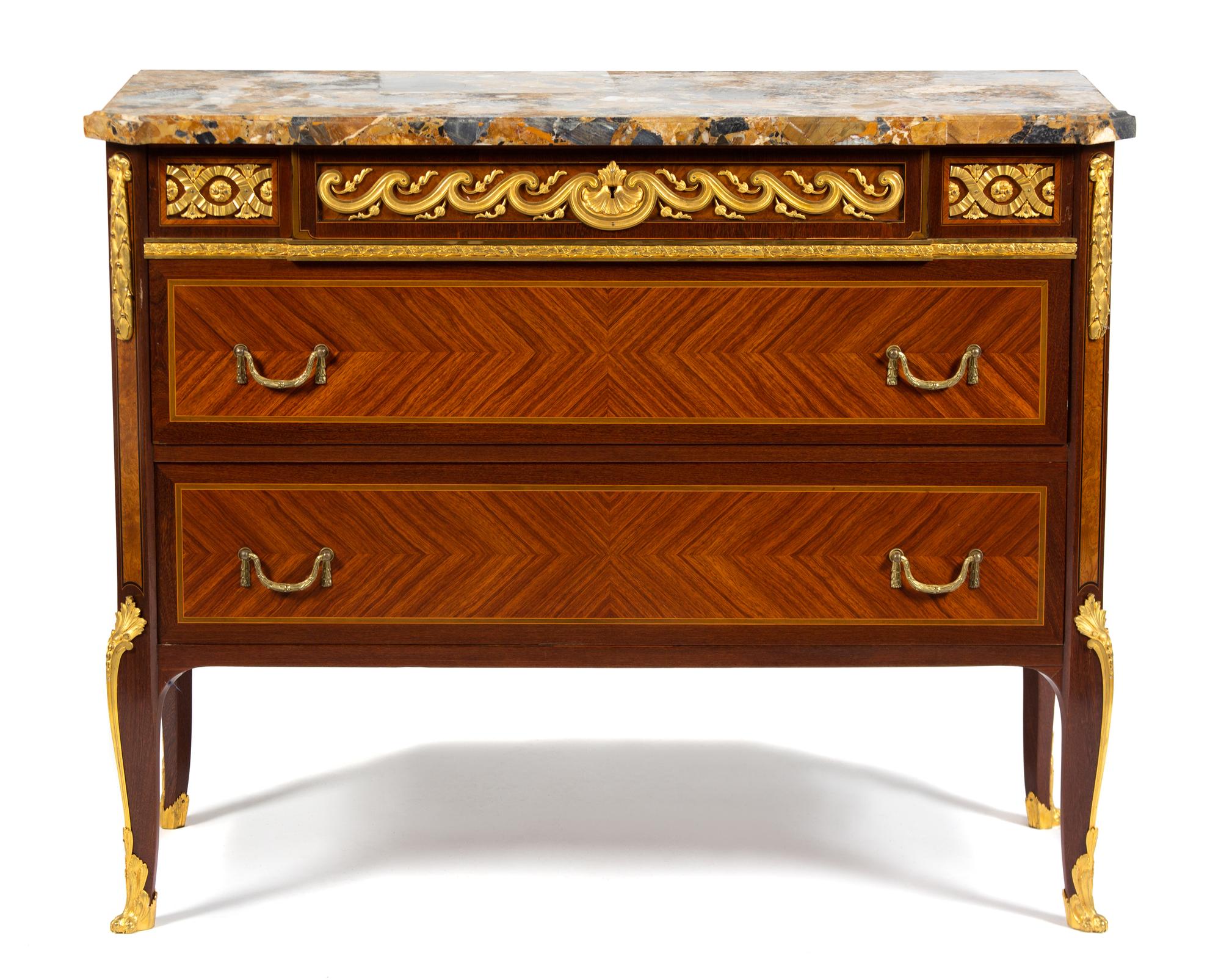 Louis XV/XVI Transitional Style Gilt Bronze Mounted Marquetry Commode Height 36 x width 44 1/4 x depth 17 1/4 inches. — PAUL SORMANI, PARIS, EARLY 20TH CENTURY