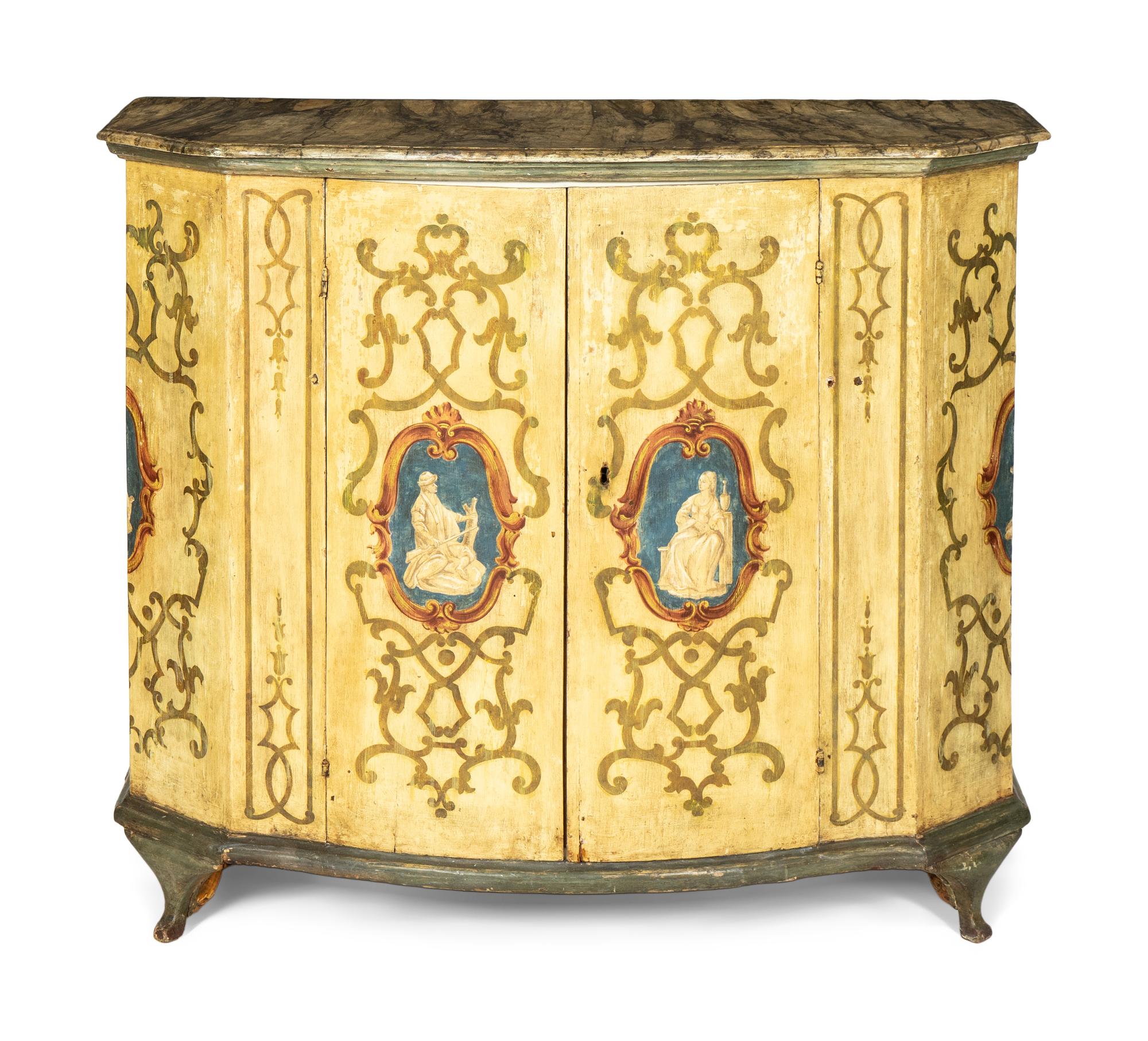 An Italian Rococo Paint Decorated Faux Marble-Top Console Cabinet