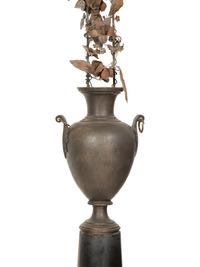 A Pair of French Bronze Urns with Tole Trellises of Floral Vines on Marble Pedestals