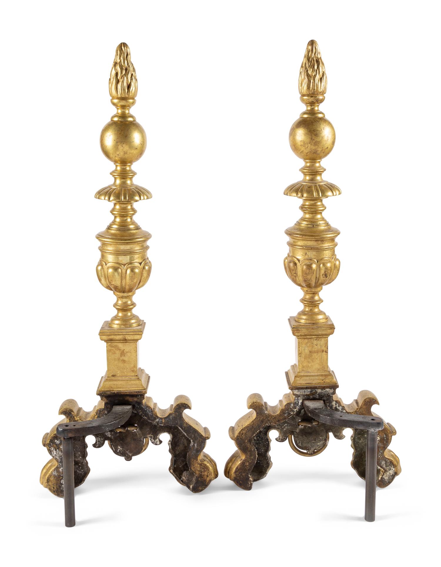 A Pair of Continental Baroque Style Brass Andirons
