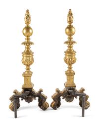 A Pair of Continental Baroque Style Brass Andirons