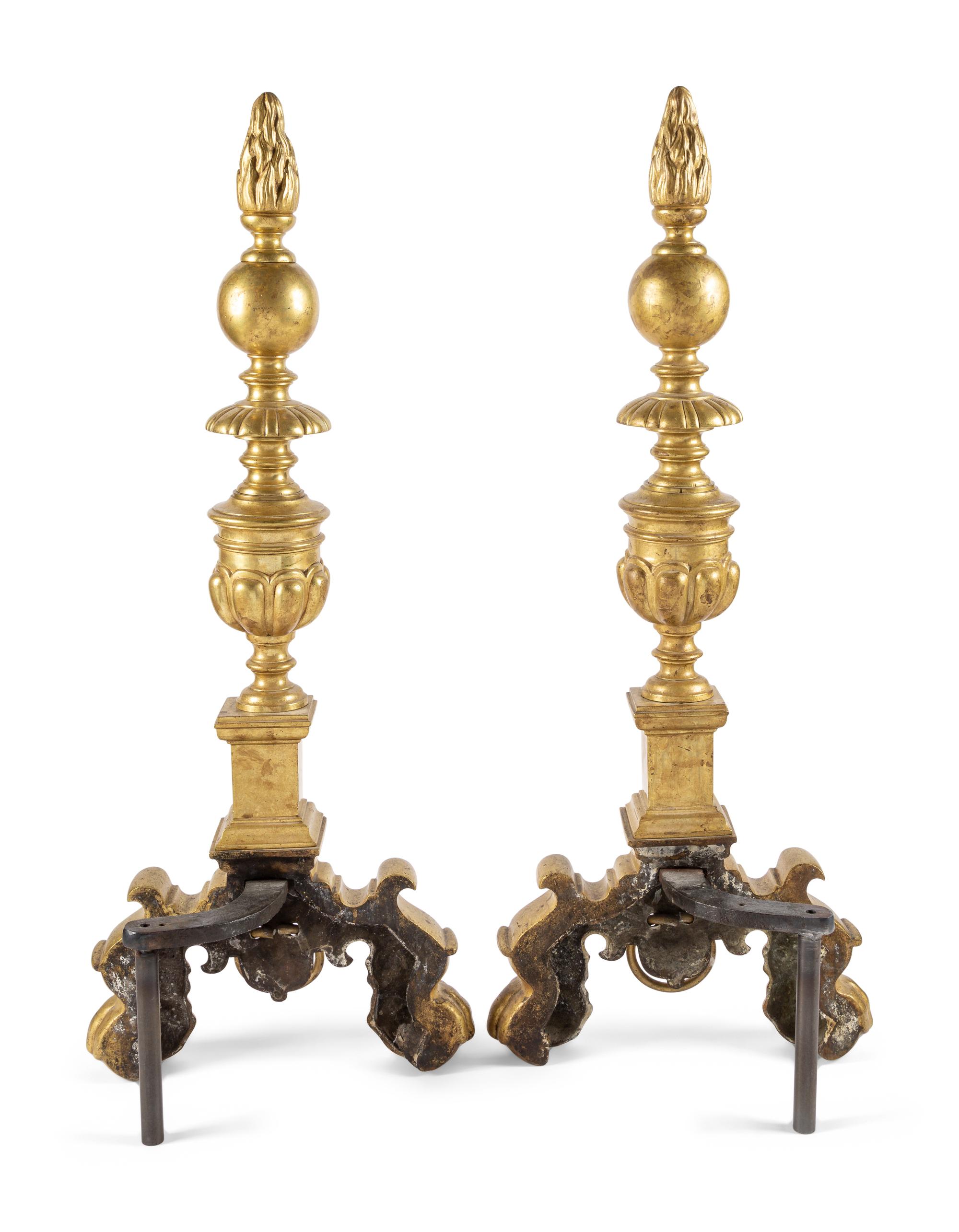 A Pair of Continental Baroque Style Brass Andirons