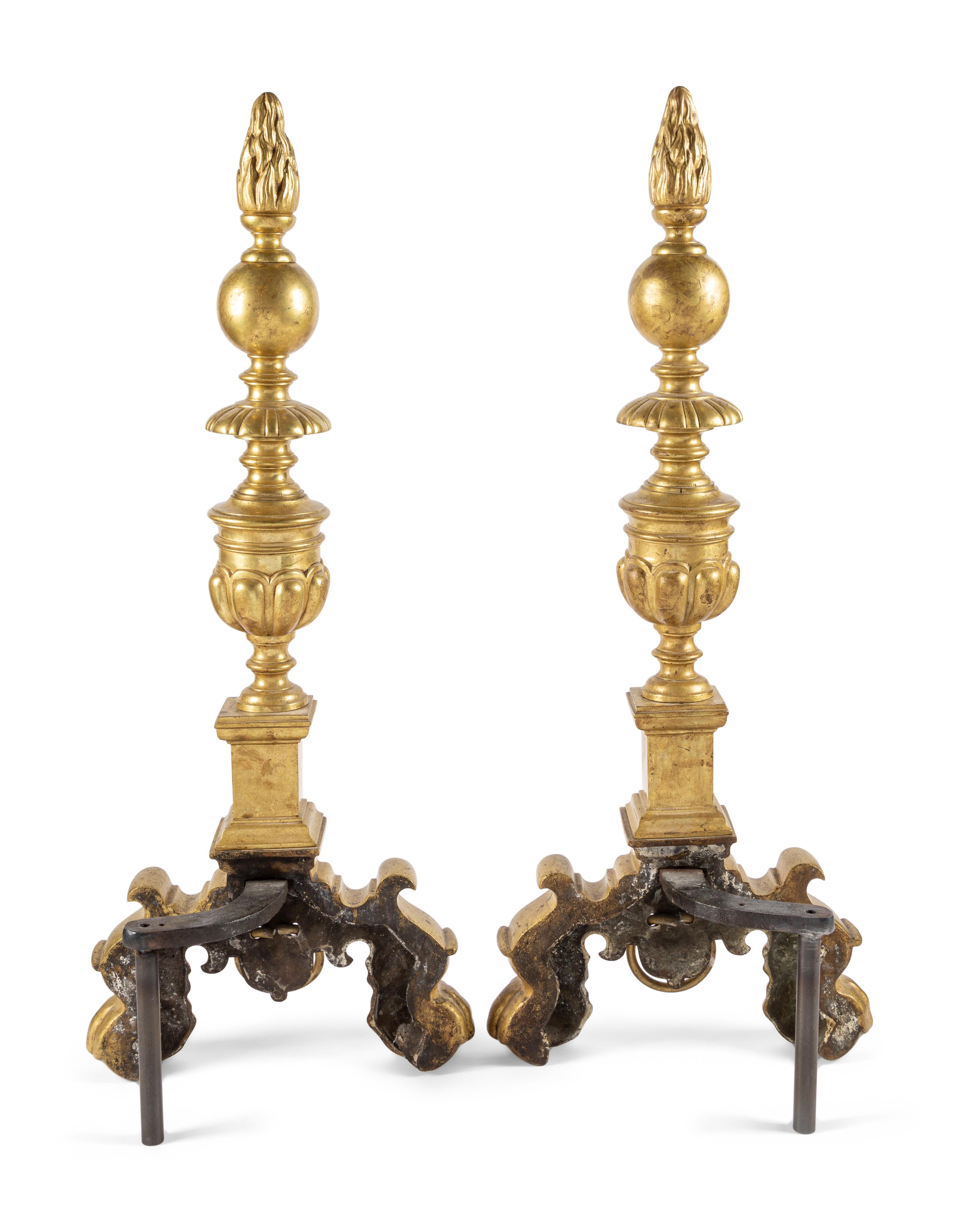 A Pair of Continental Baroque Style Brass Andirons
