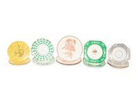 Four Sets of English Porcelain Dessert Plates and a Set of Twelve Soft-Paste Dinner Plates
