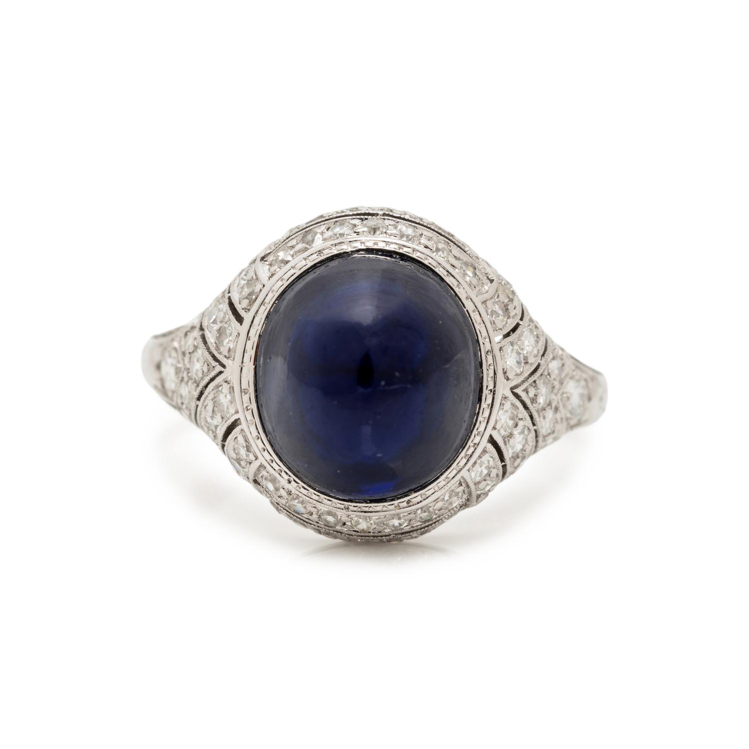 ART DECO, CABOCHON SAPPHIRE AND DIAMOND RING