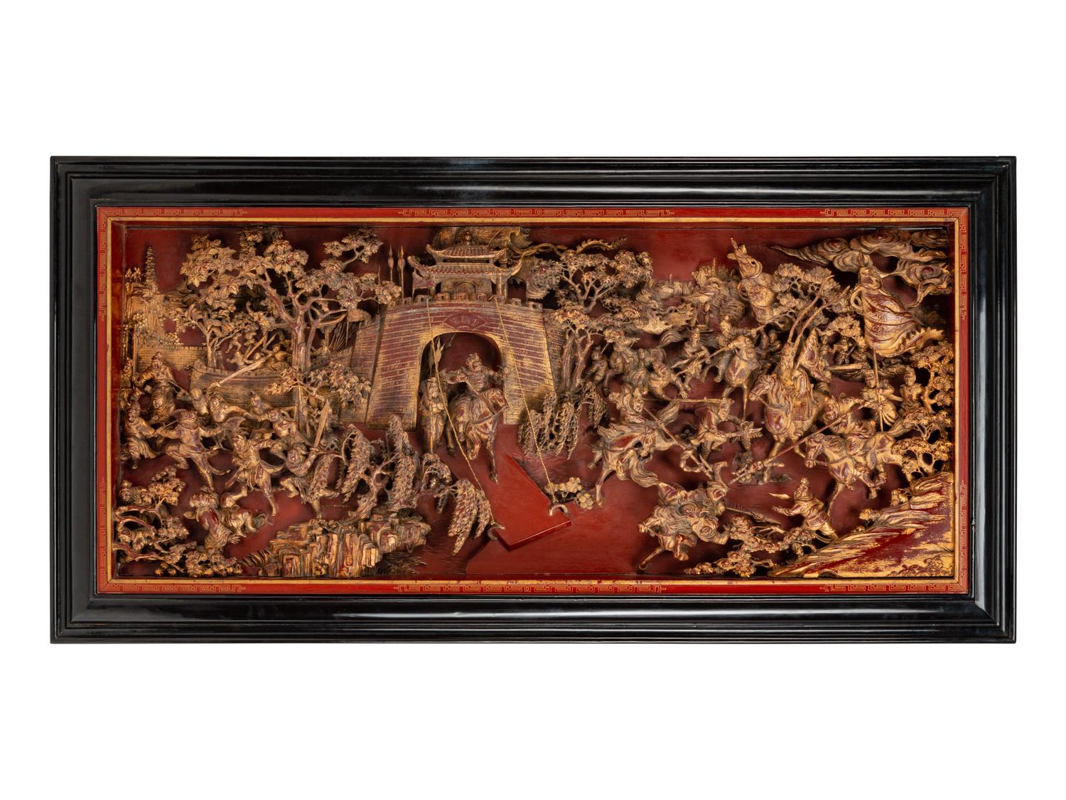 A Large Chinese Pierce-Carved Giltwood Panel Depicting a Battle Scene