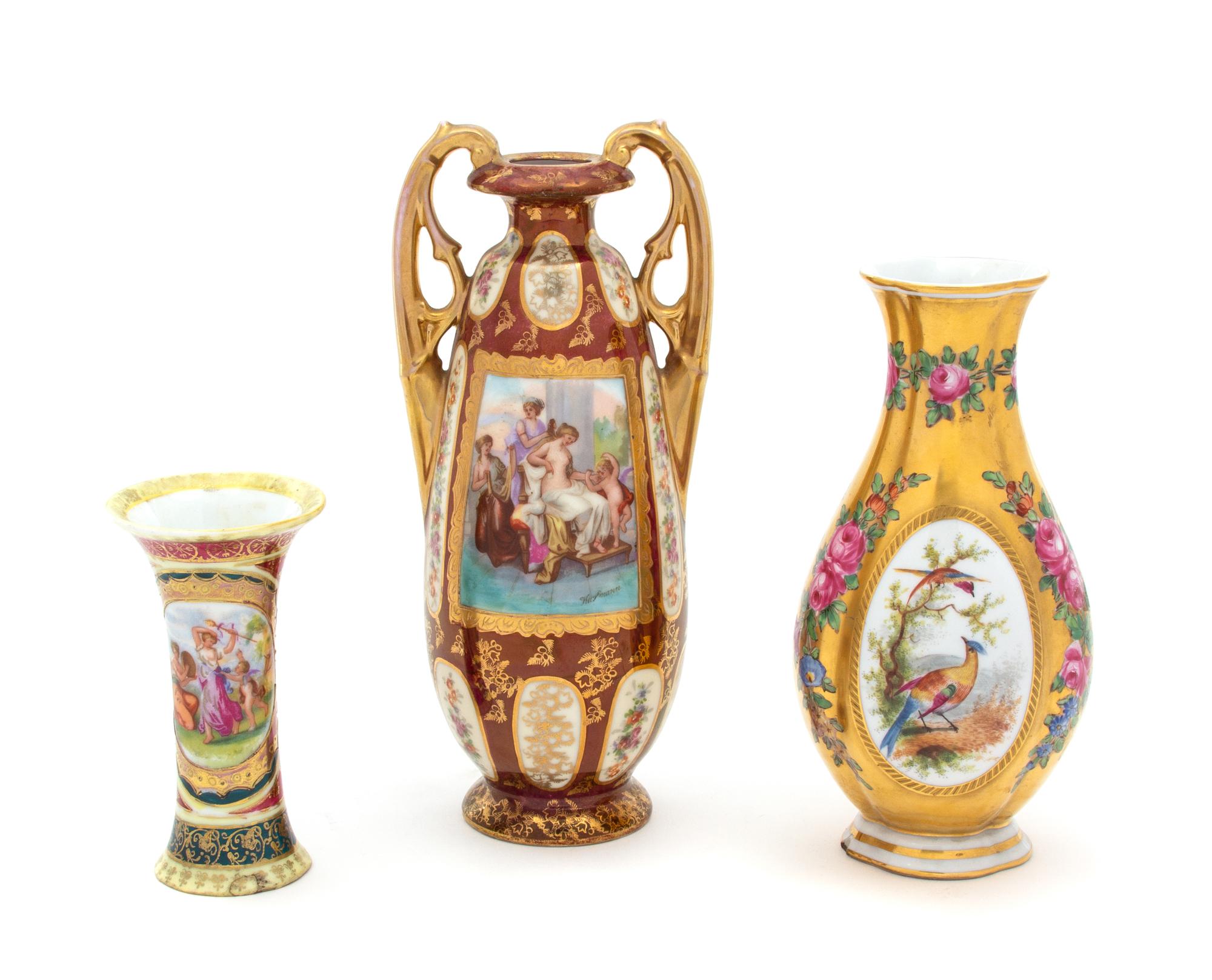 Three Continental Porcelain Vases Height of tallest 9 inches. — 19TH CENTURY