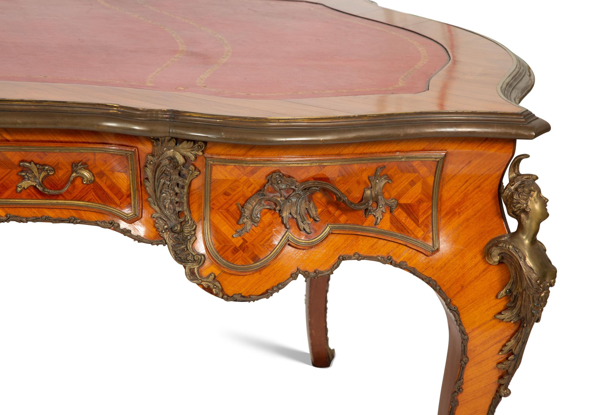 A Louis XV Style Gilt Bronze Mounted Parquetry Bureau Plat