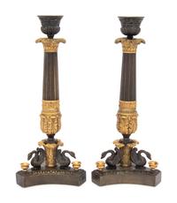 A Pair of French Parcel Gilt and Patinated Bronze Candlesticks