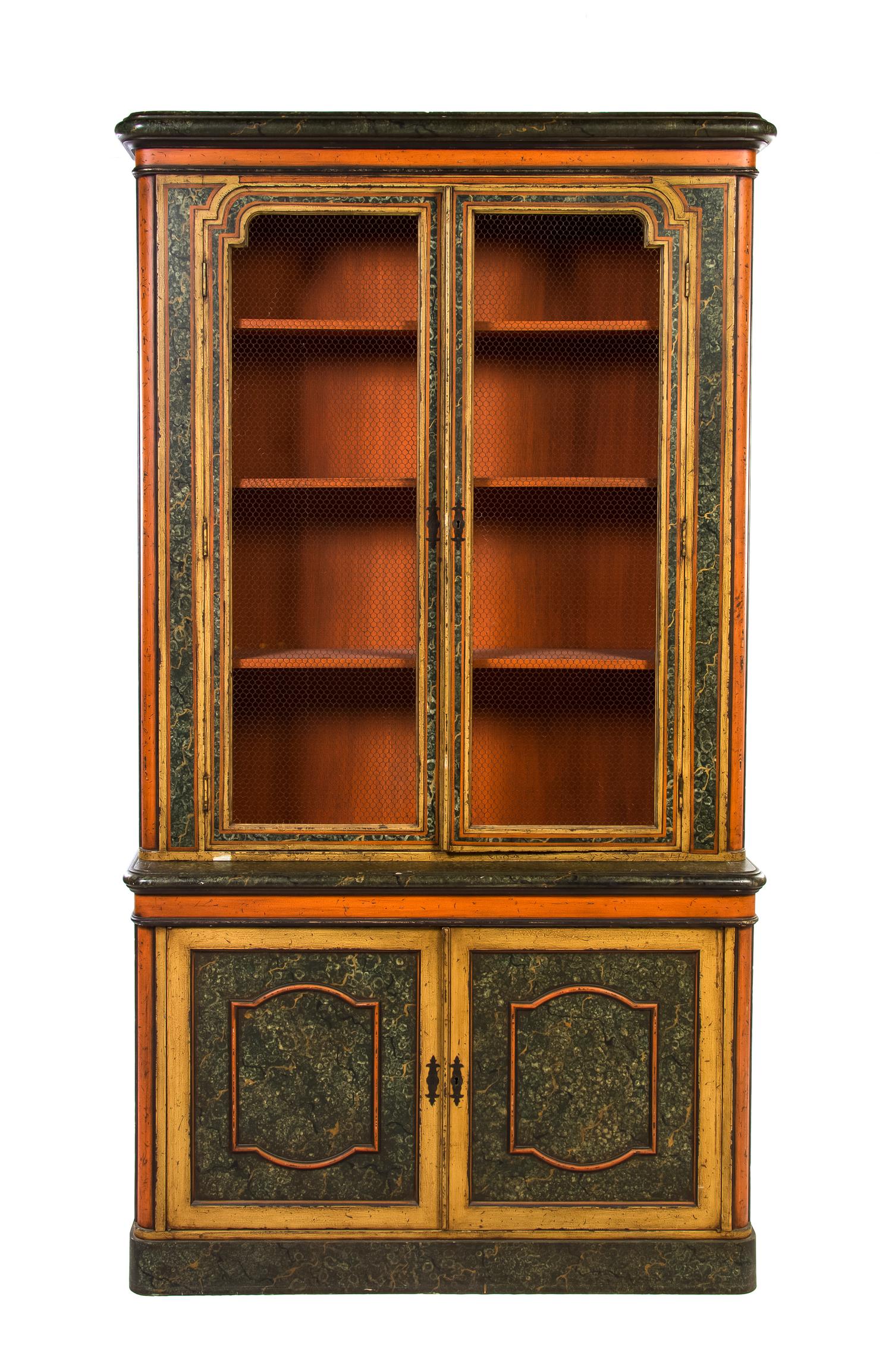 An Italian Painted Bookcase on Stand, Height 89 1/2 x width 49 1/2 x depth 14 inches.