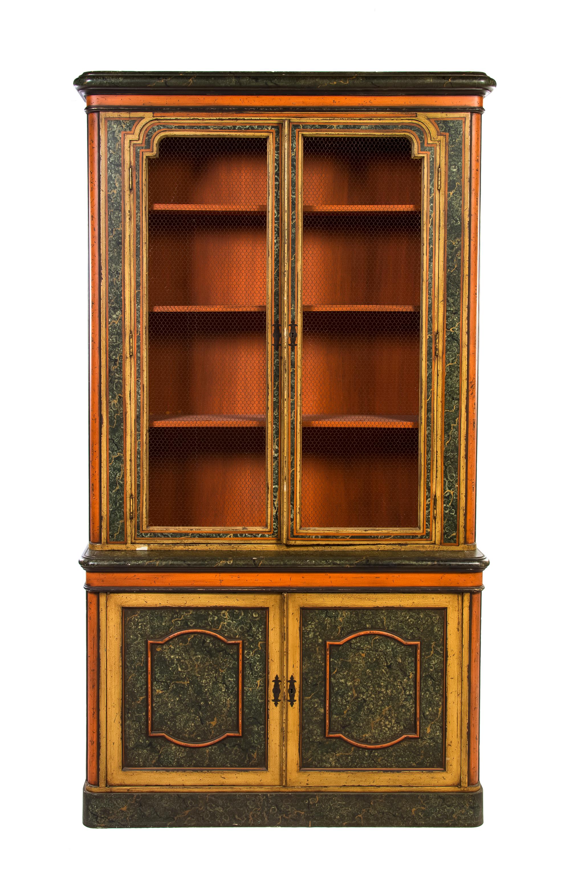 An Italian Painted Bookcase on Stand, Height 89 1/2 x width 49 1/2 x depth 14 inches.