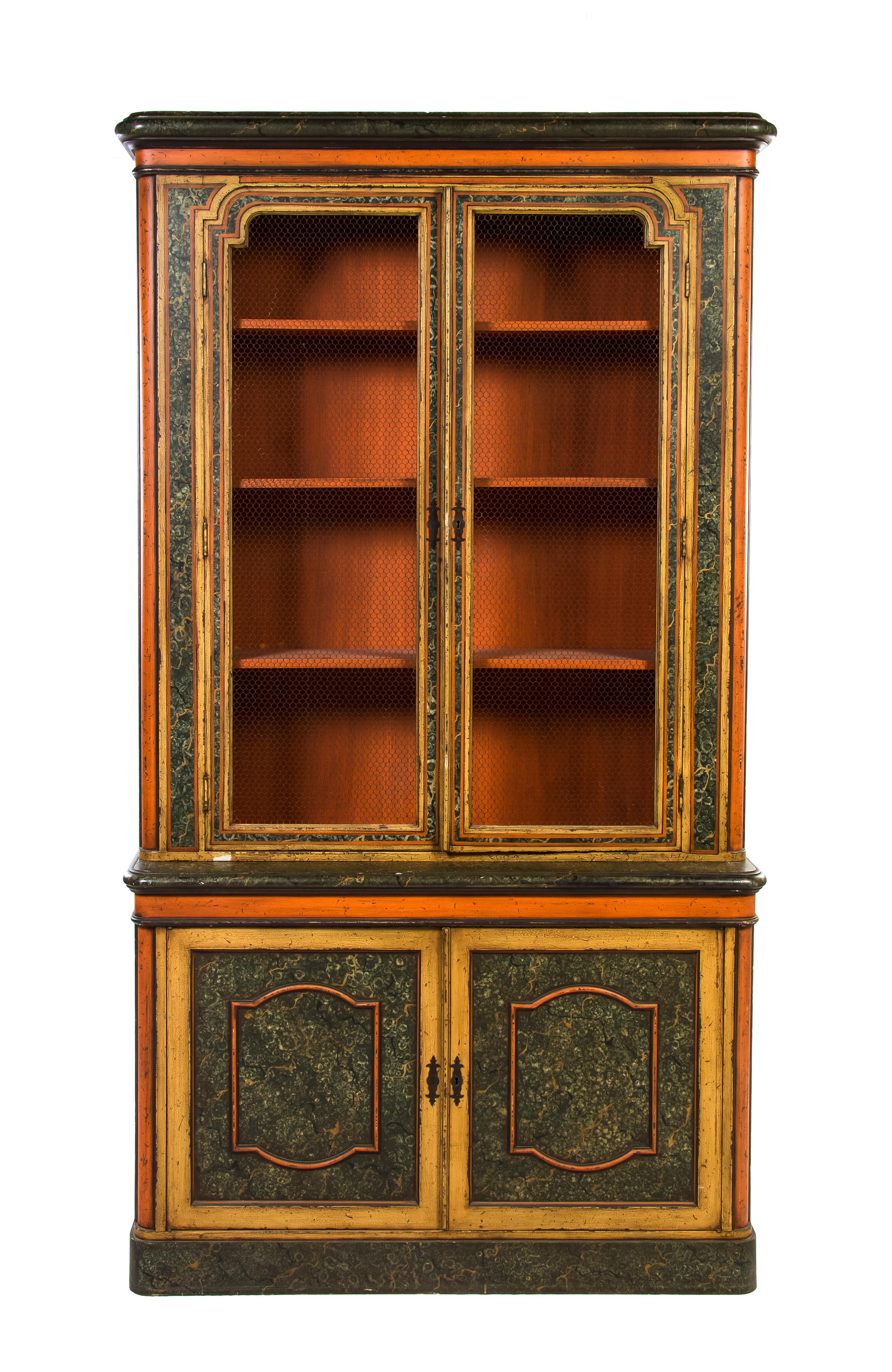 An Italian Painted Bookcase on Stand, Height 89 1/2 x width 49 1/2 x depth 14 inches.