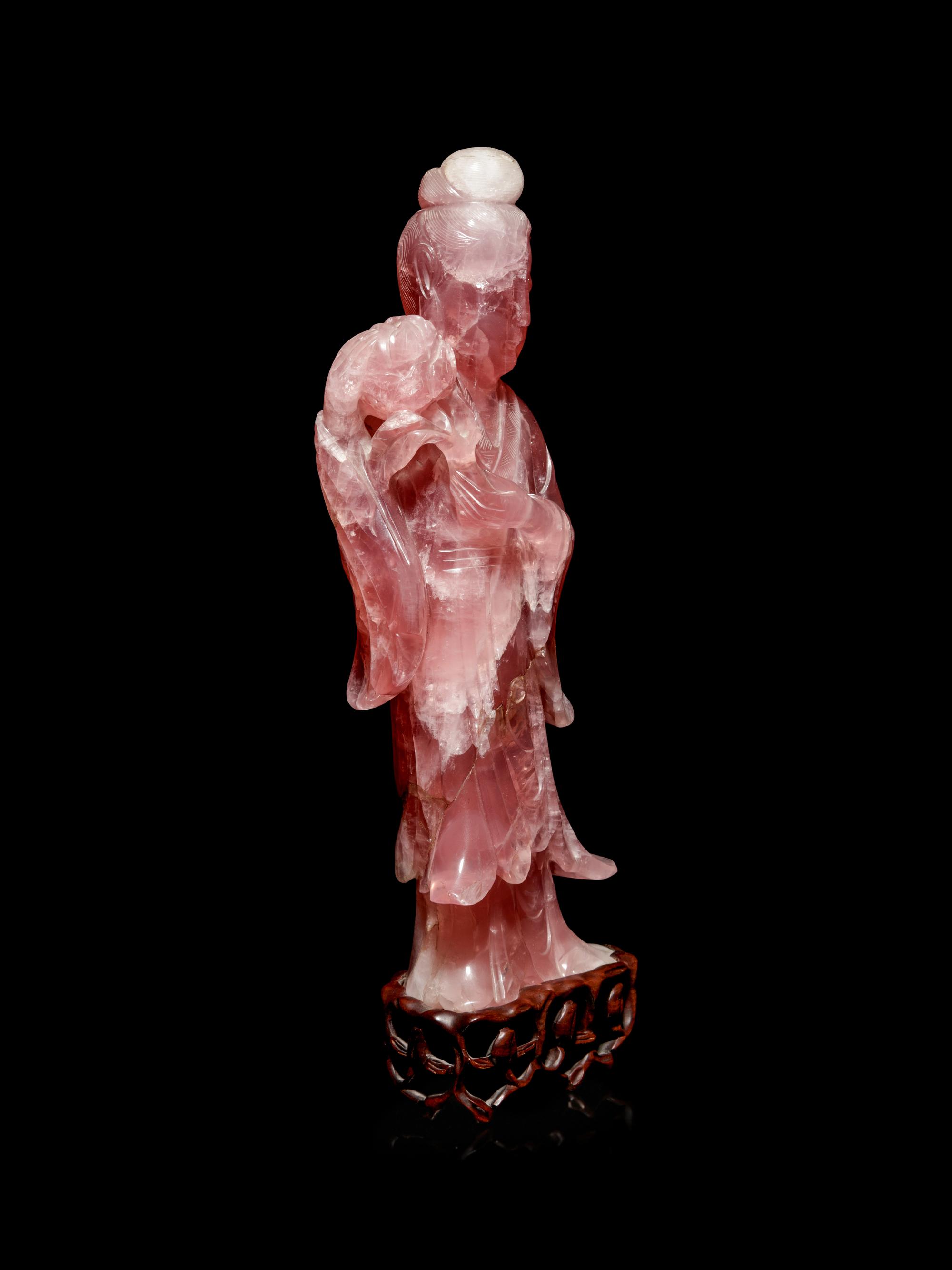 A Large Chinese Rose Quartz Figure of Female Immortal