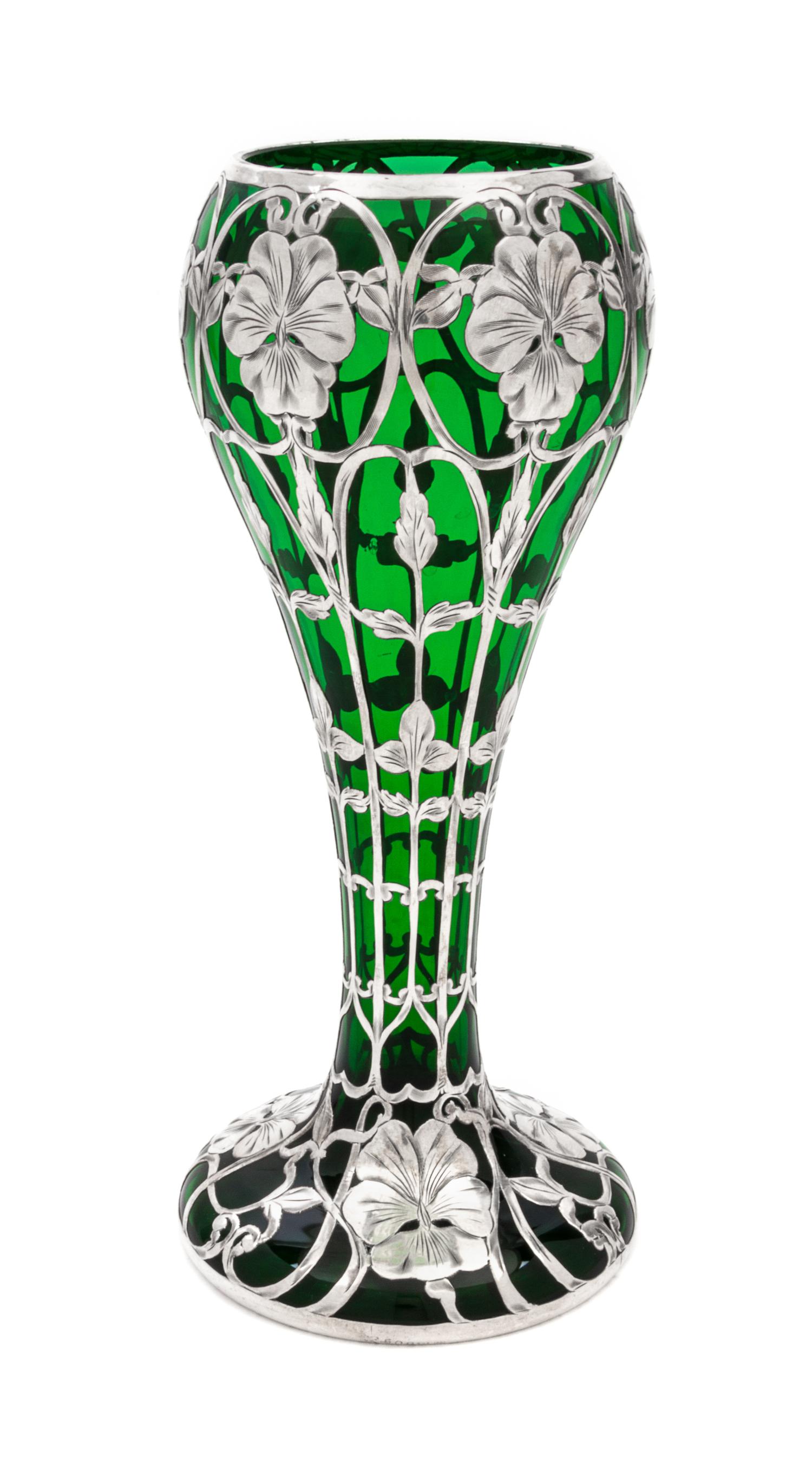 An Art Nouveau Silver Overlay Glass Vase Height 10 inches.