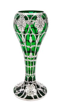 An Art Nouveau Silver Overlay Glass Vase Height 10 inches.