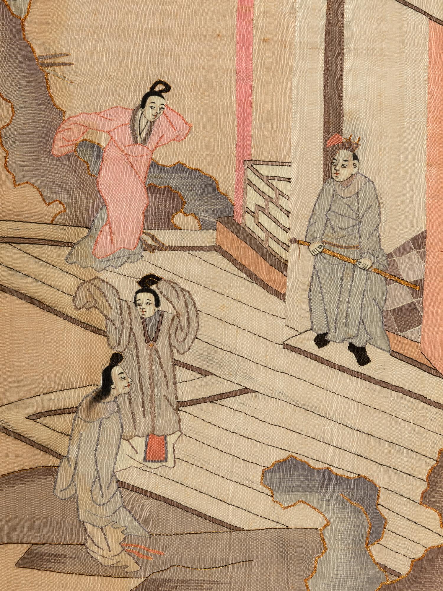 A Pair of Chinese Cream Ground Kesi Woven Silk Panels